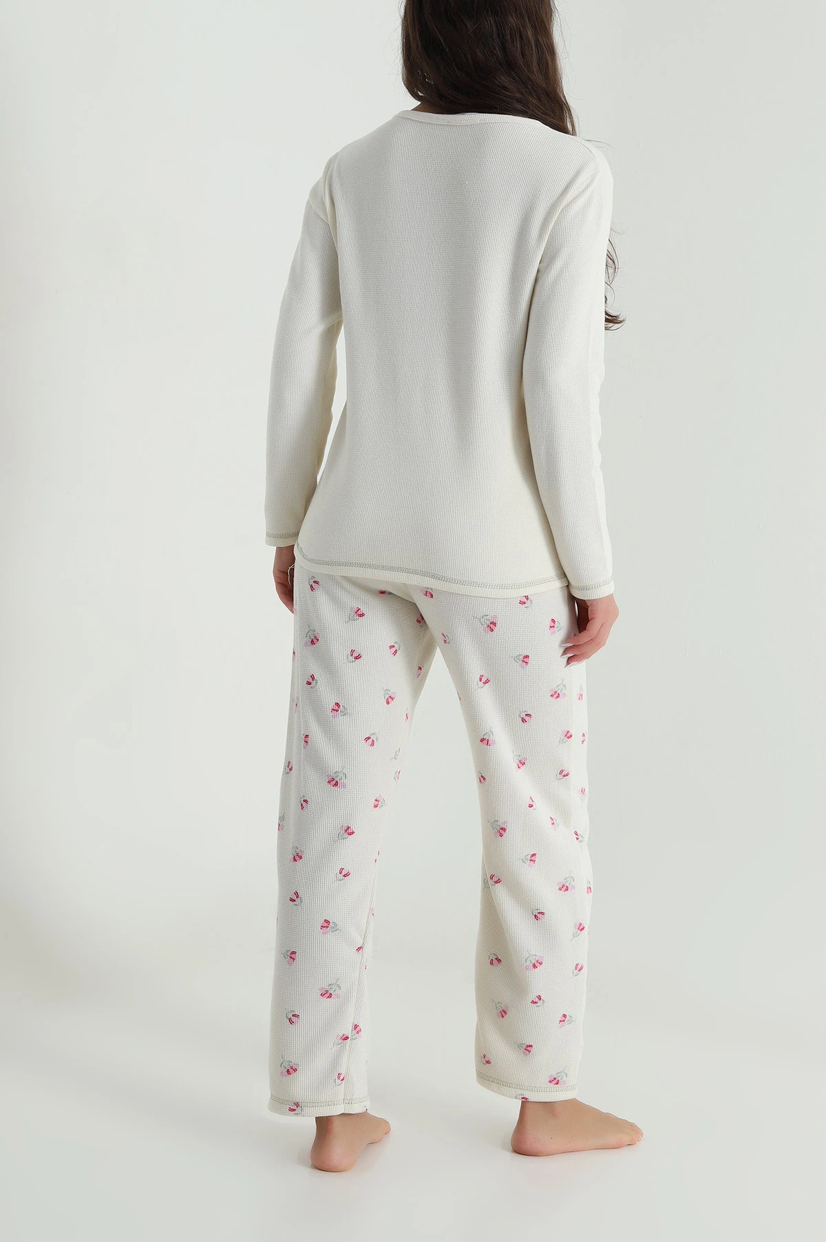 Ekru Desenli Waffle Kadın Pijama Takımı 486243