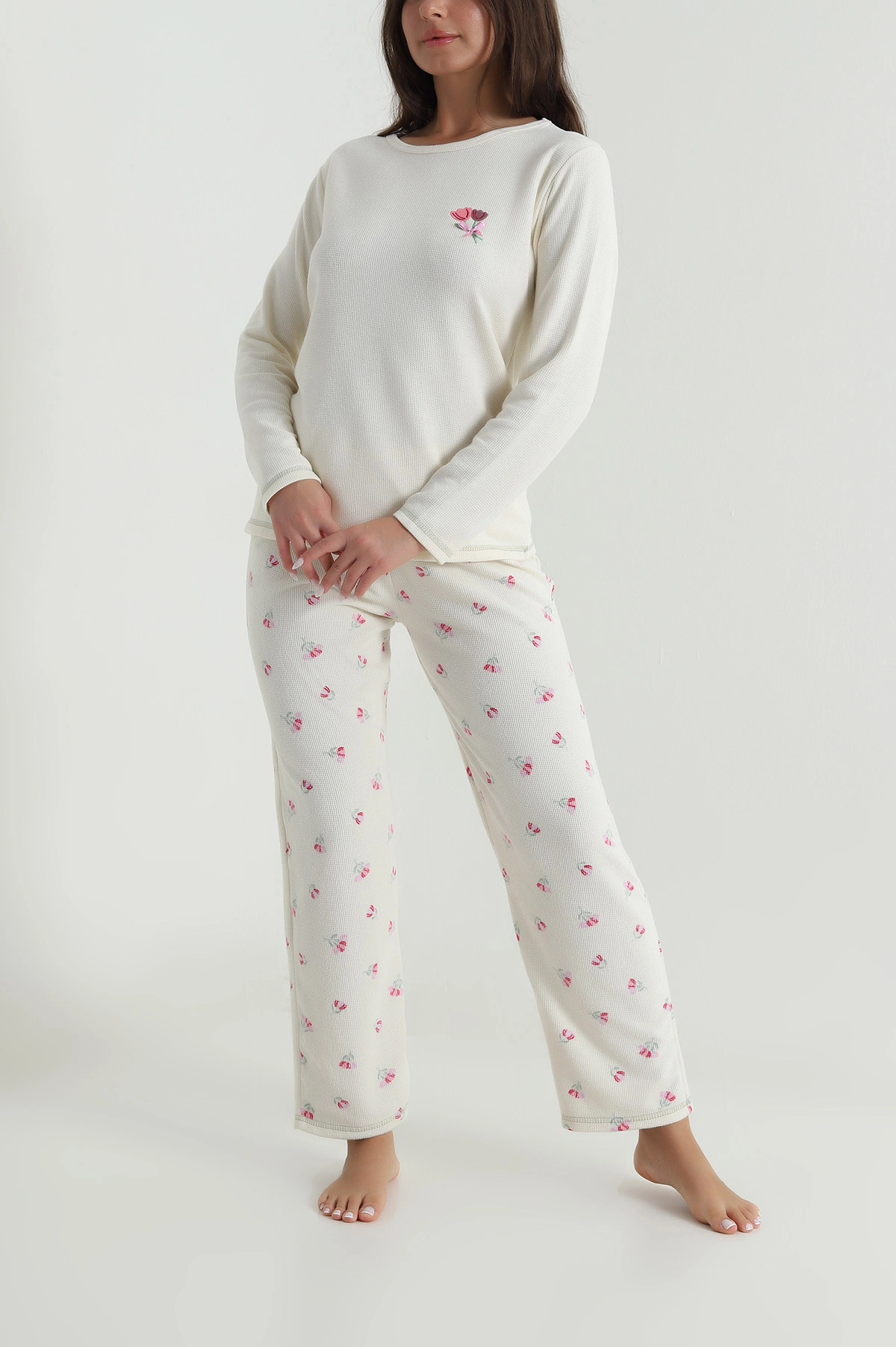 Ekru Desenli Waffle Kadın Pijama Takımı 486243
