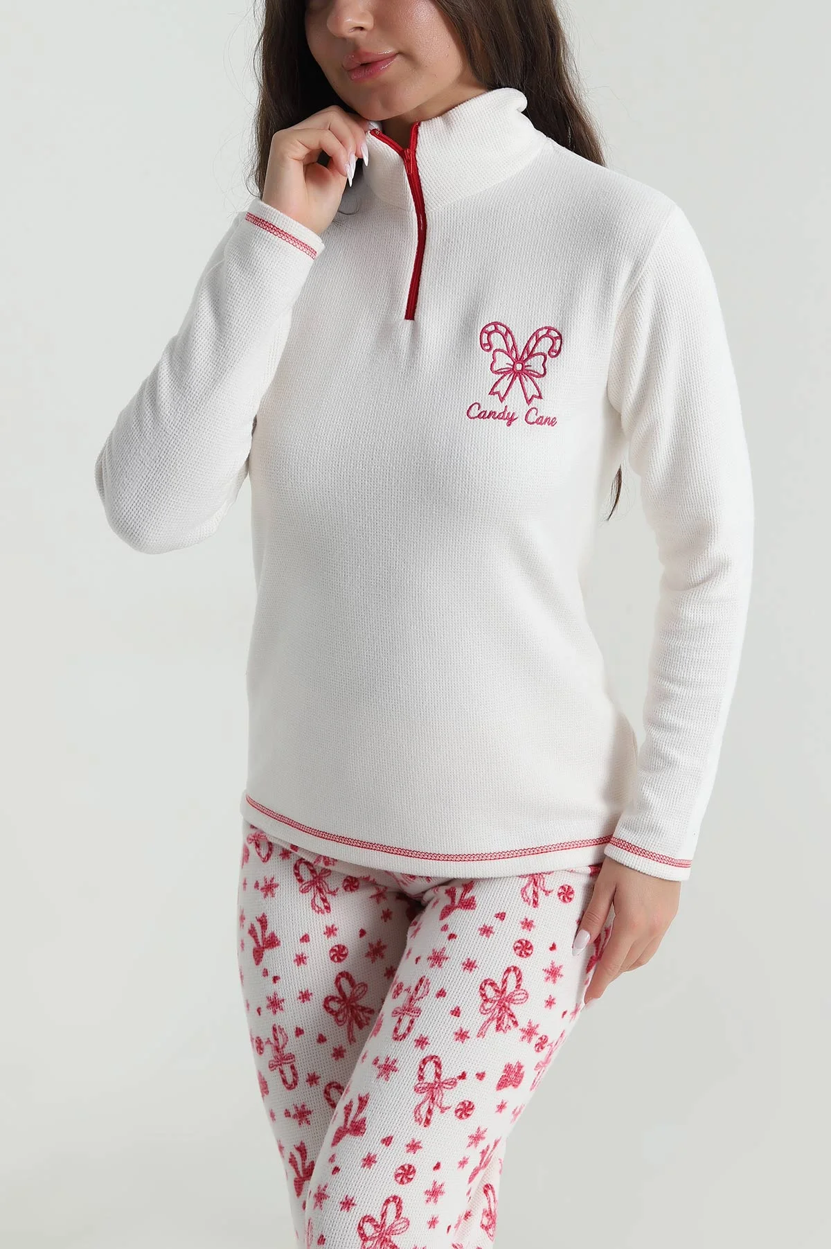 Ekru Desenli Waffle Kadın Pijama Takımı 486245