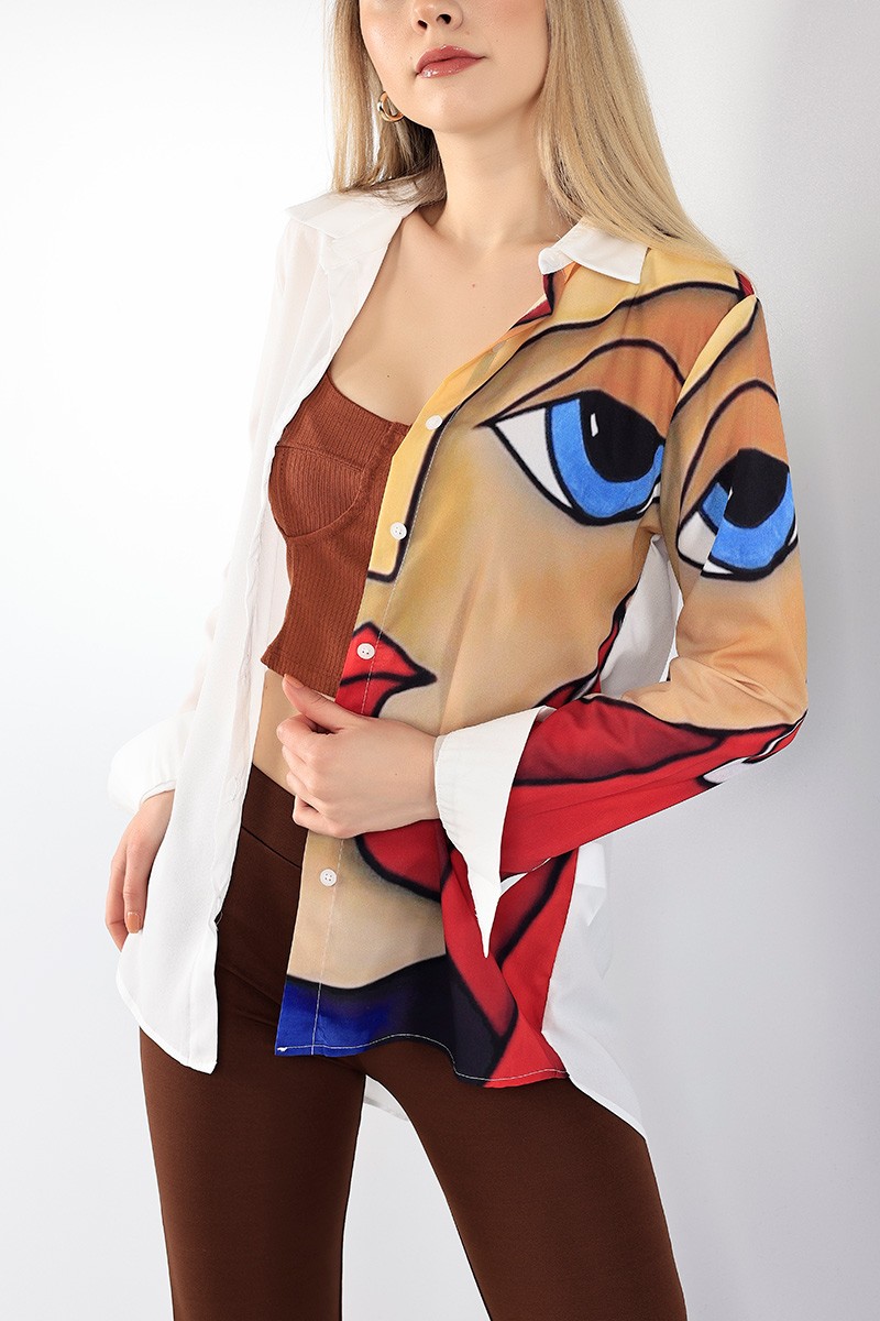 Ekru Dijital Baskılı Crep Gömlek 97188