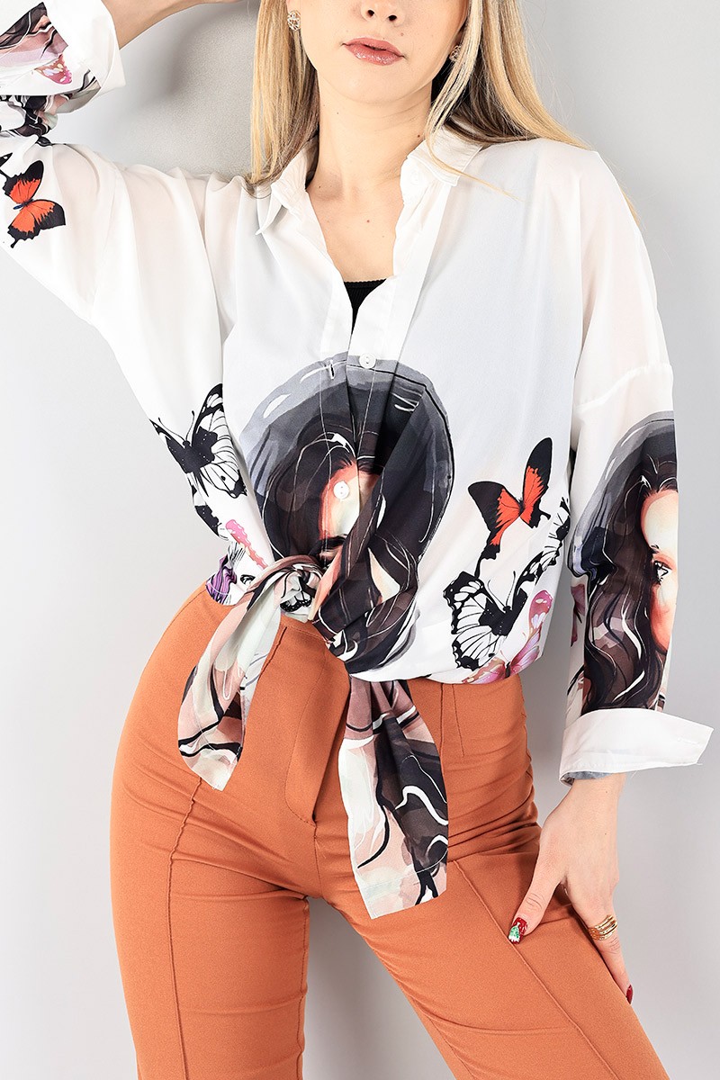 Ekru Dijital Baskılı Crep Gömlek Tunik 96426