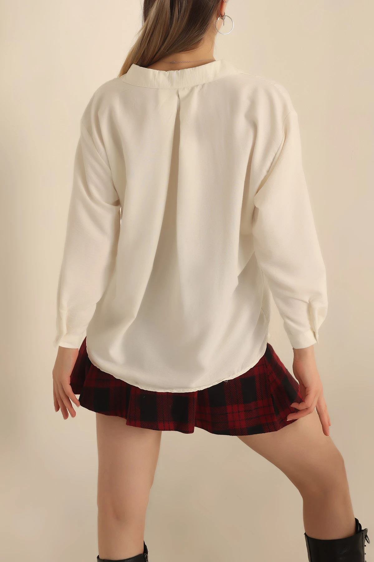 Ekru Dokuma Oversize Bayan Gömlek 234218