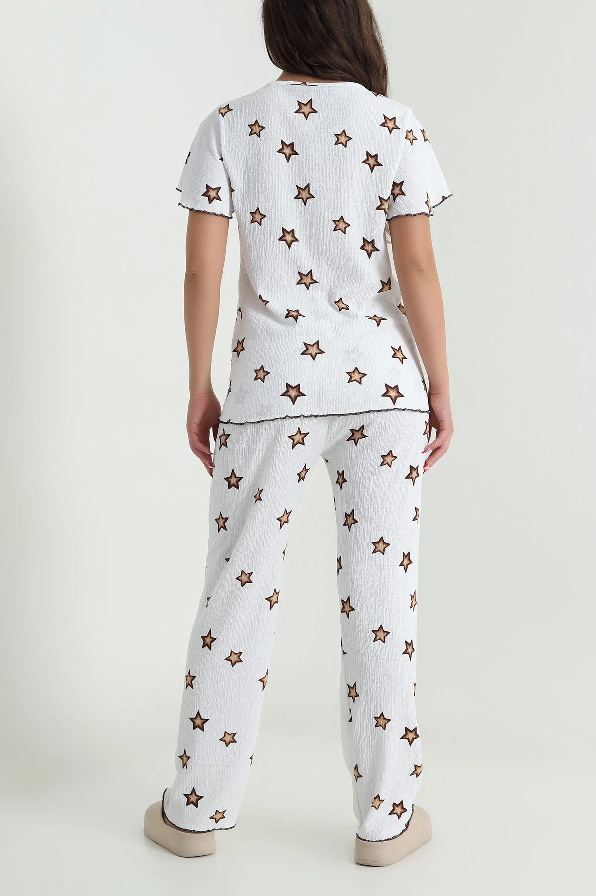 Ekru Düğmeli Bürümcük Kadın Pijama Takımı 479564
