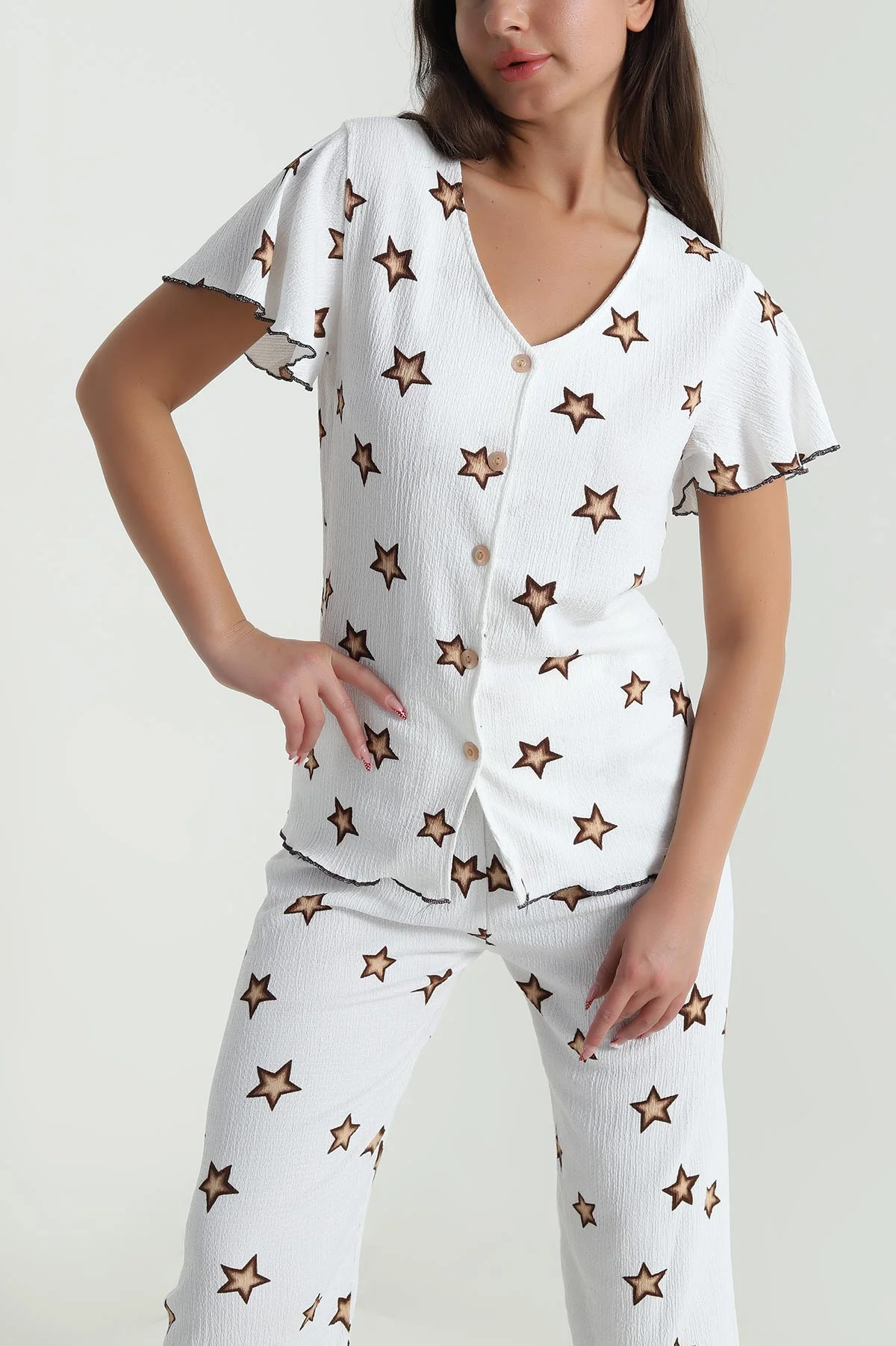 Ekru Düğmeli Bürümcük Kadın Pijama Takımı 479564