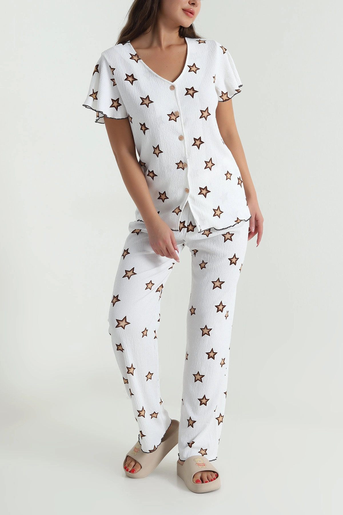 Ekru Düğmeli Bürümcük Kadın Pijama Takımı 479564