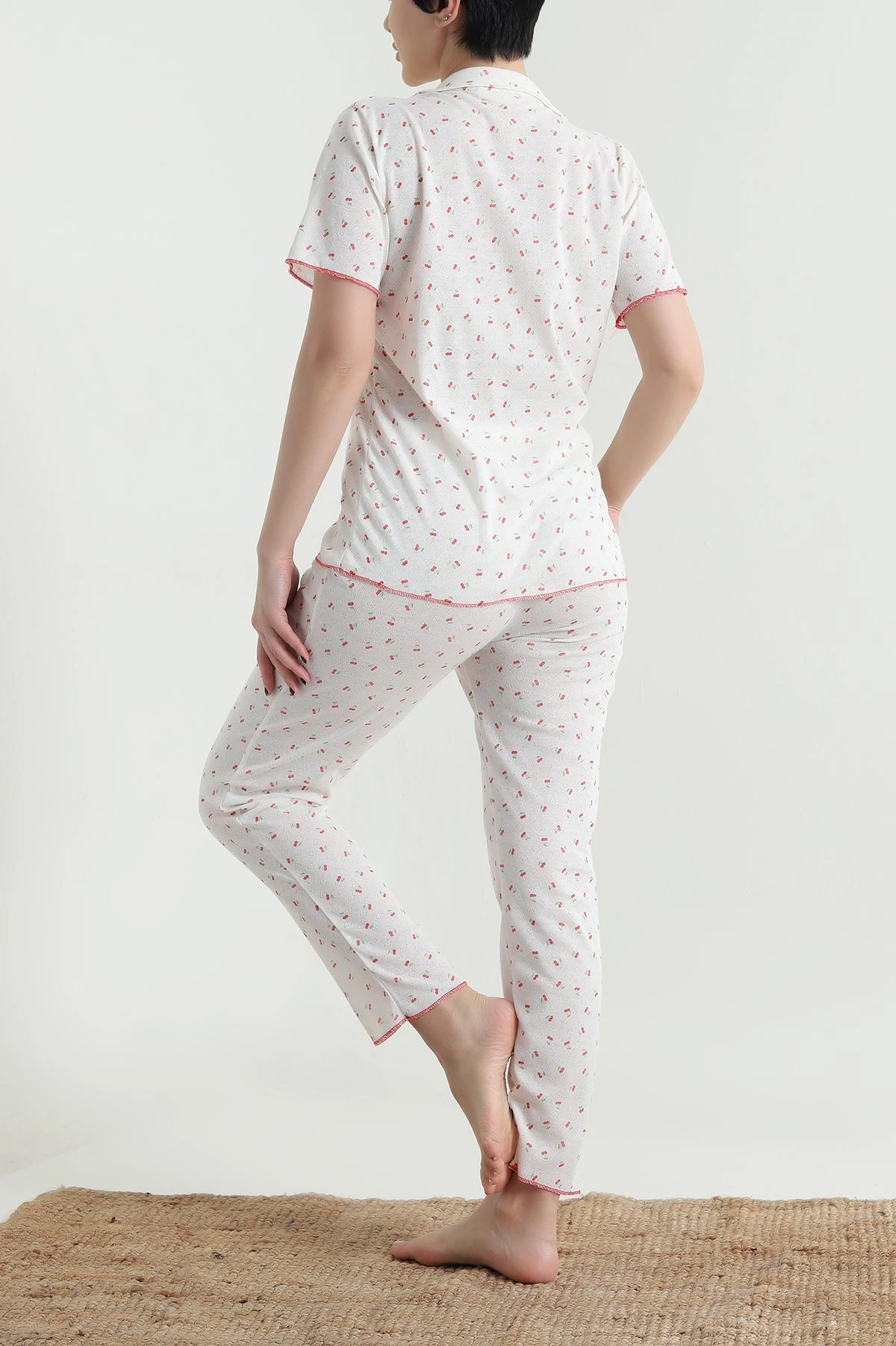Ekru Düğmeli Kısa Kollu Kadın Pijama Takımı 454586
