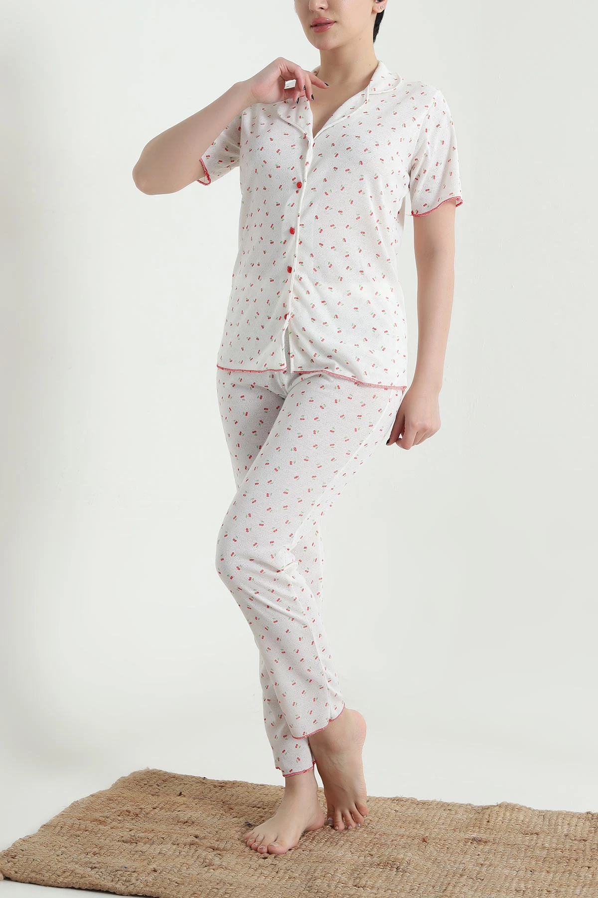 Ekru Düğmeli Kısa Kollu Kadın Pijama Takımı 454586