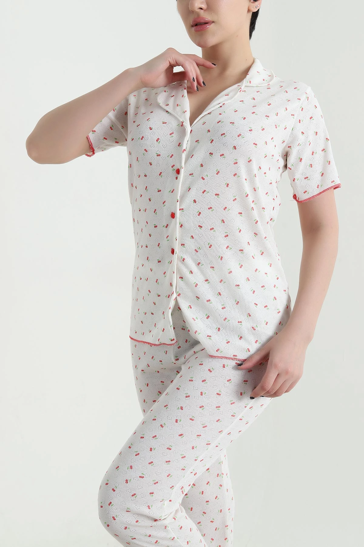 Ekru Düğmeli Kısa Kollu Kadın Pijama Takımı 454586