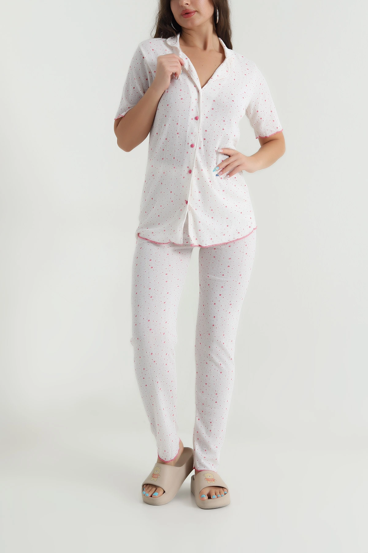 Ekru Düğmeli Pointel Kadın Pijama Takımı 482599