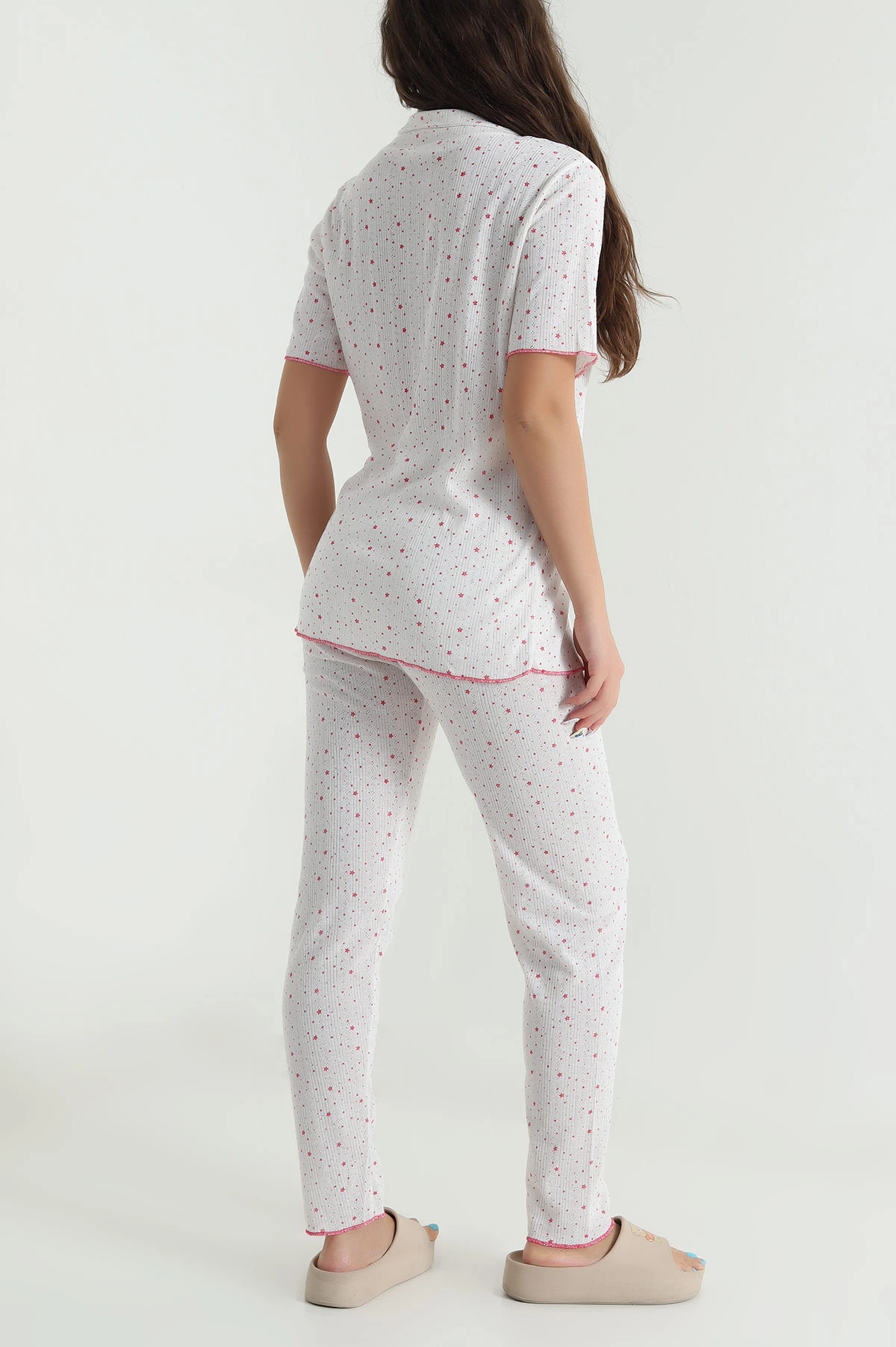 Ekru Düğmeli Pointel Kadın Pijama Takımı 482599