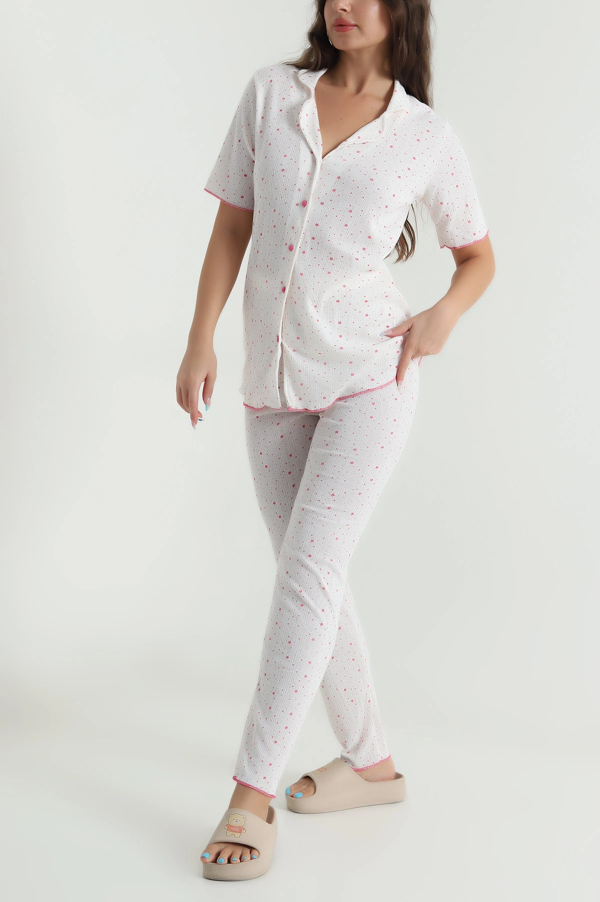 Ekru Düğmeli Pointel Kadın Pijama Takımı 482599