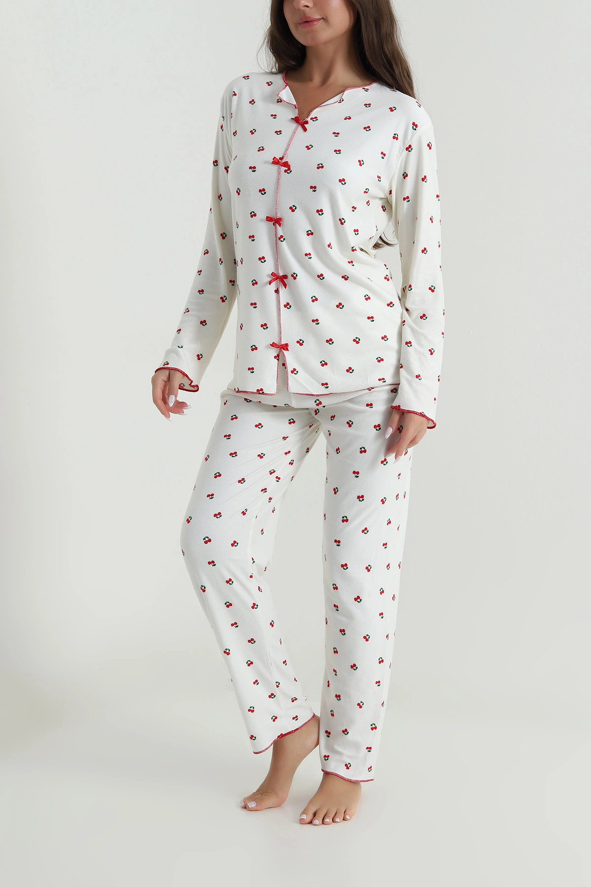Ekru Düğmeli Süet Kadın Pijama Takımı 486273