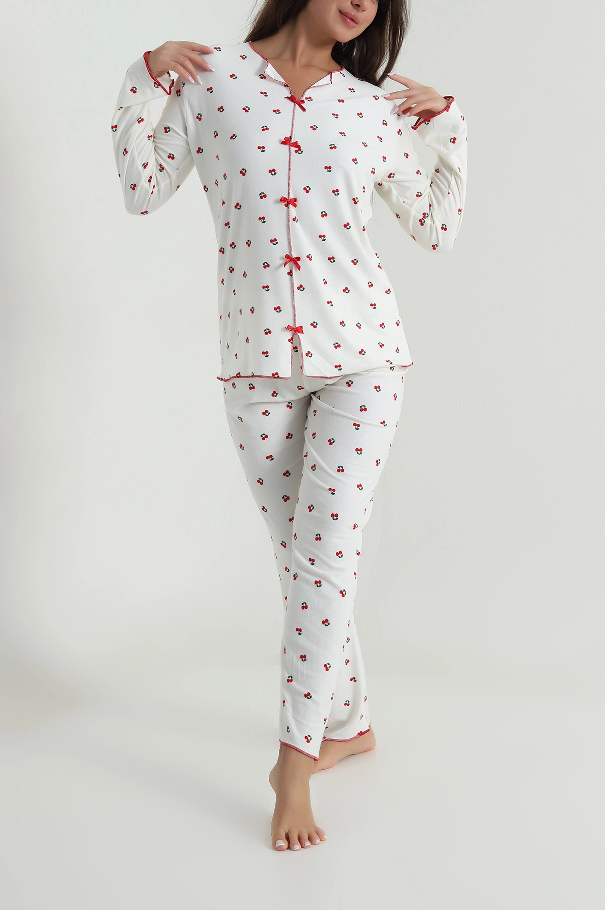 Ekru Düğmeli Süet Kadın Pijama Takımı 486273