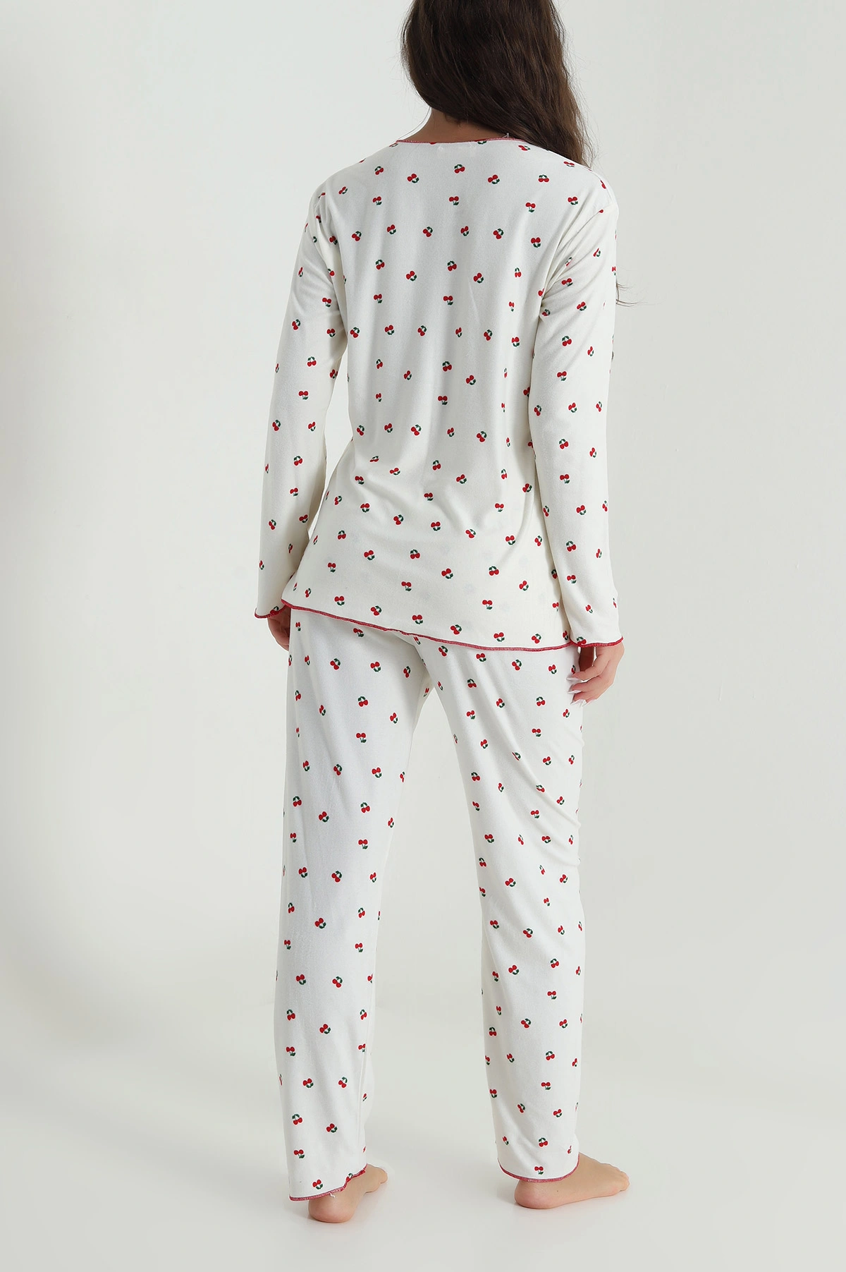 Ekru Düğmeli Süet Kadın Pijama Takımı 486273