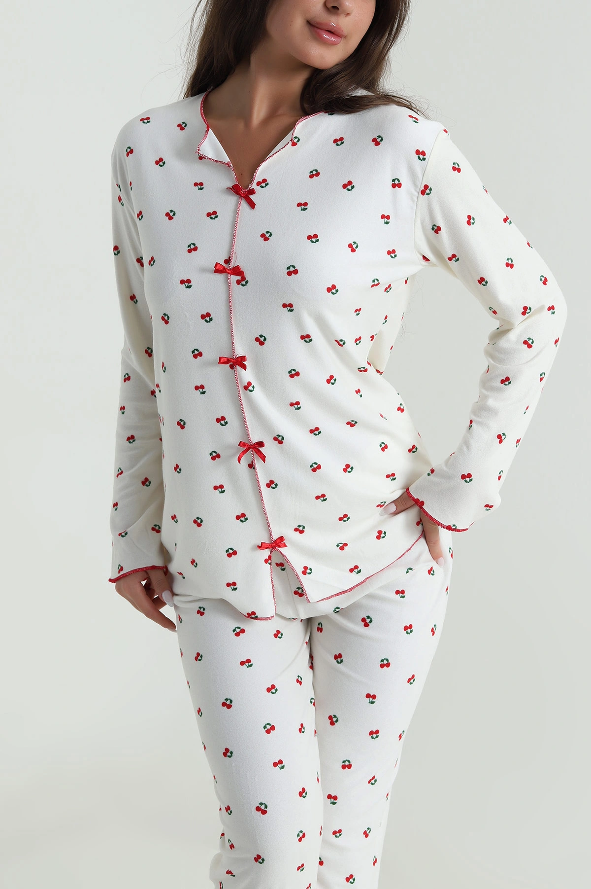 Ekru Düğmeli Süet Kadın Pijama Takımı 486273