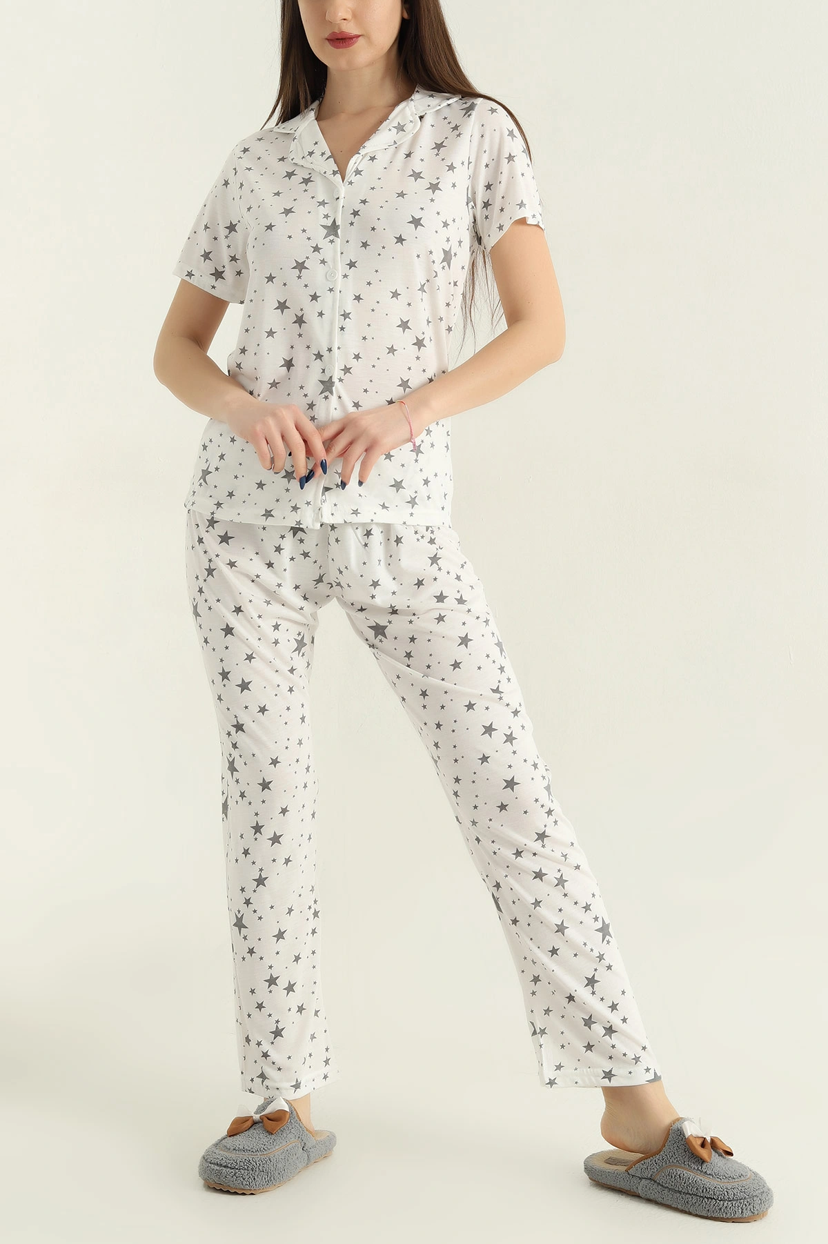 Ekru Düğmeli Viskon Kadın Pijama Takımı 347360