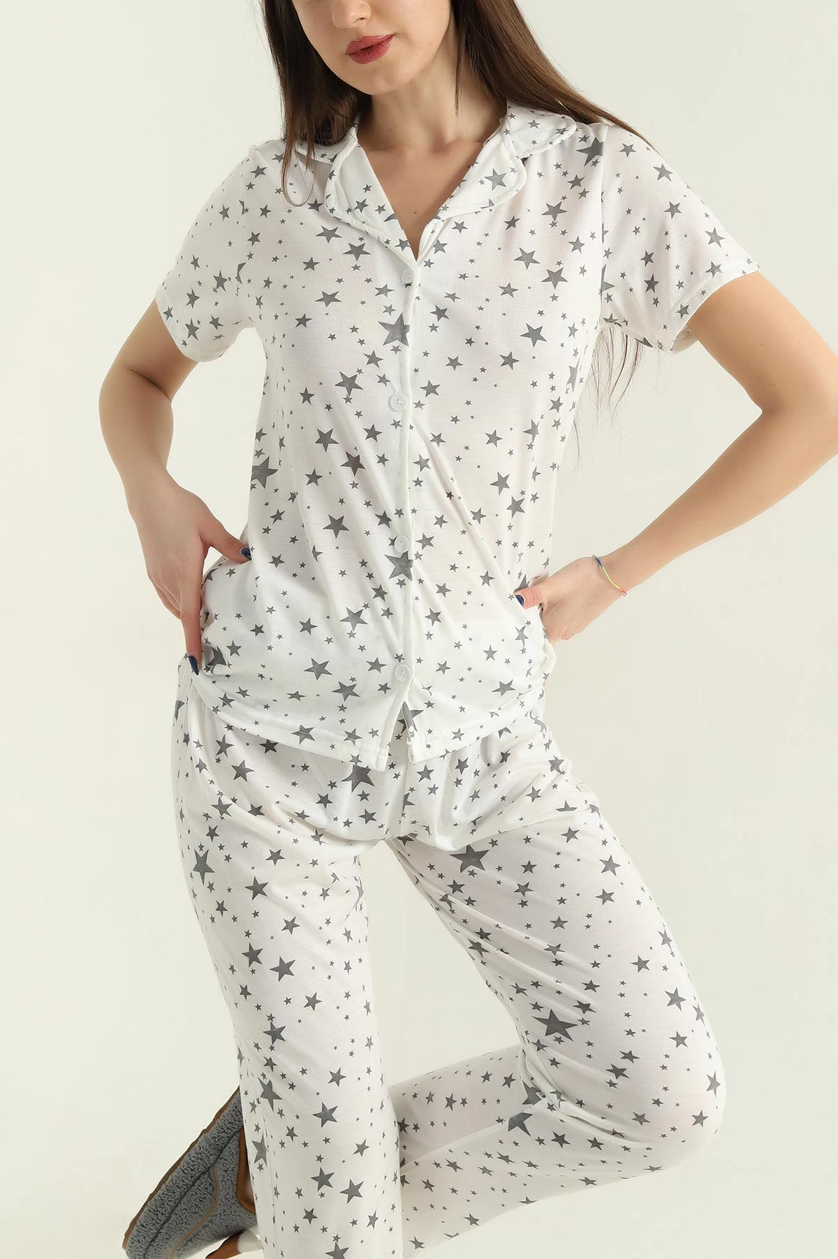 Ekru Düğmeli Viskon Kadın Pijama Takımı 347360