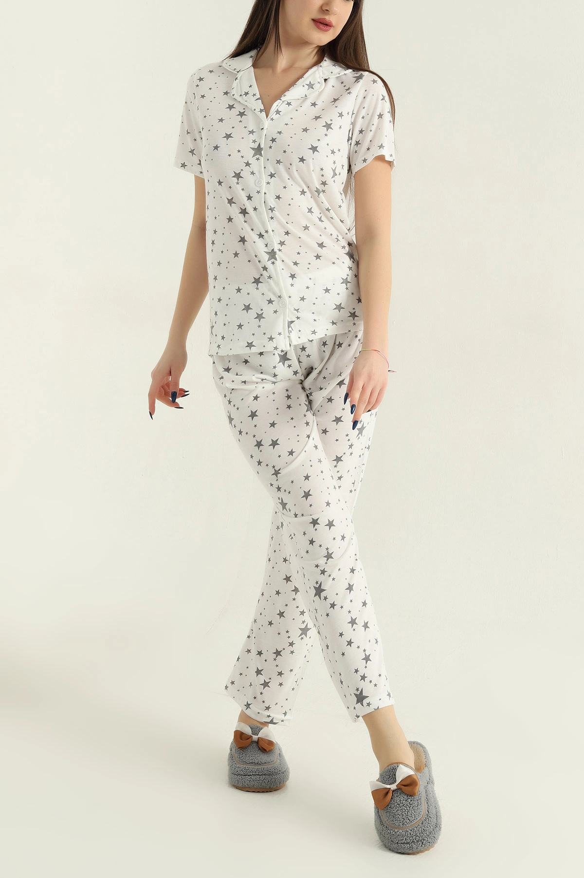 Ekru Düğmeli Viskon Kadın Pijama Takımı 347360
