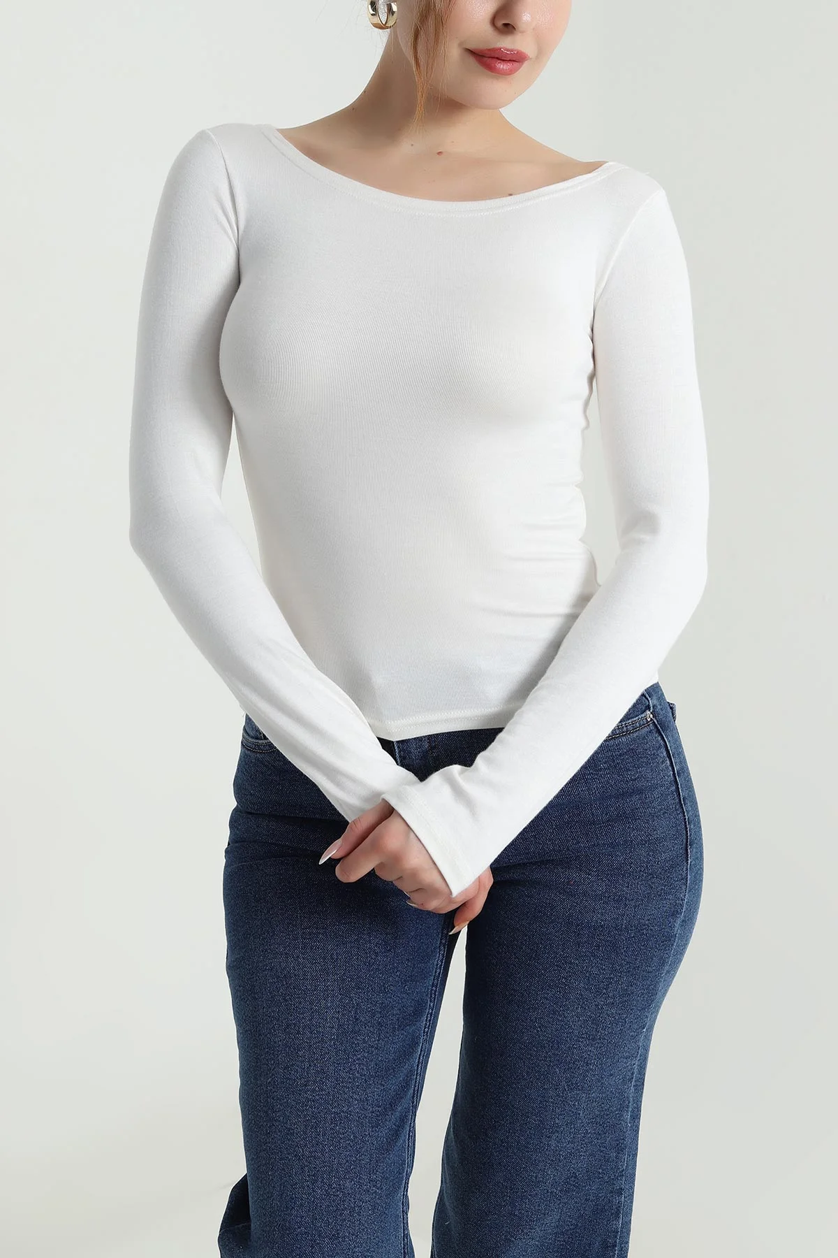 Ekru Geniş Yaka Kadın Body Bluz 490292