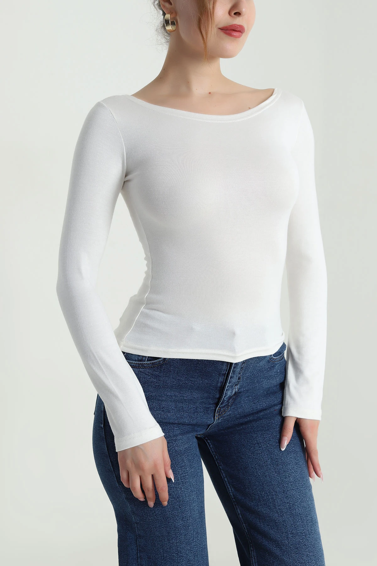 Ekru Geniş Yaka Kadın Body Bluz 490292