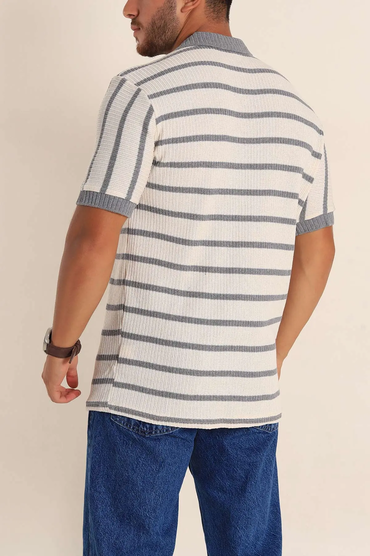 Ekru Gri Çizgili Regular Fit Polo Yaka Erkek Triko Tişört 262593