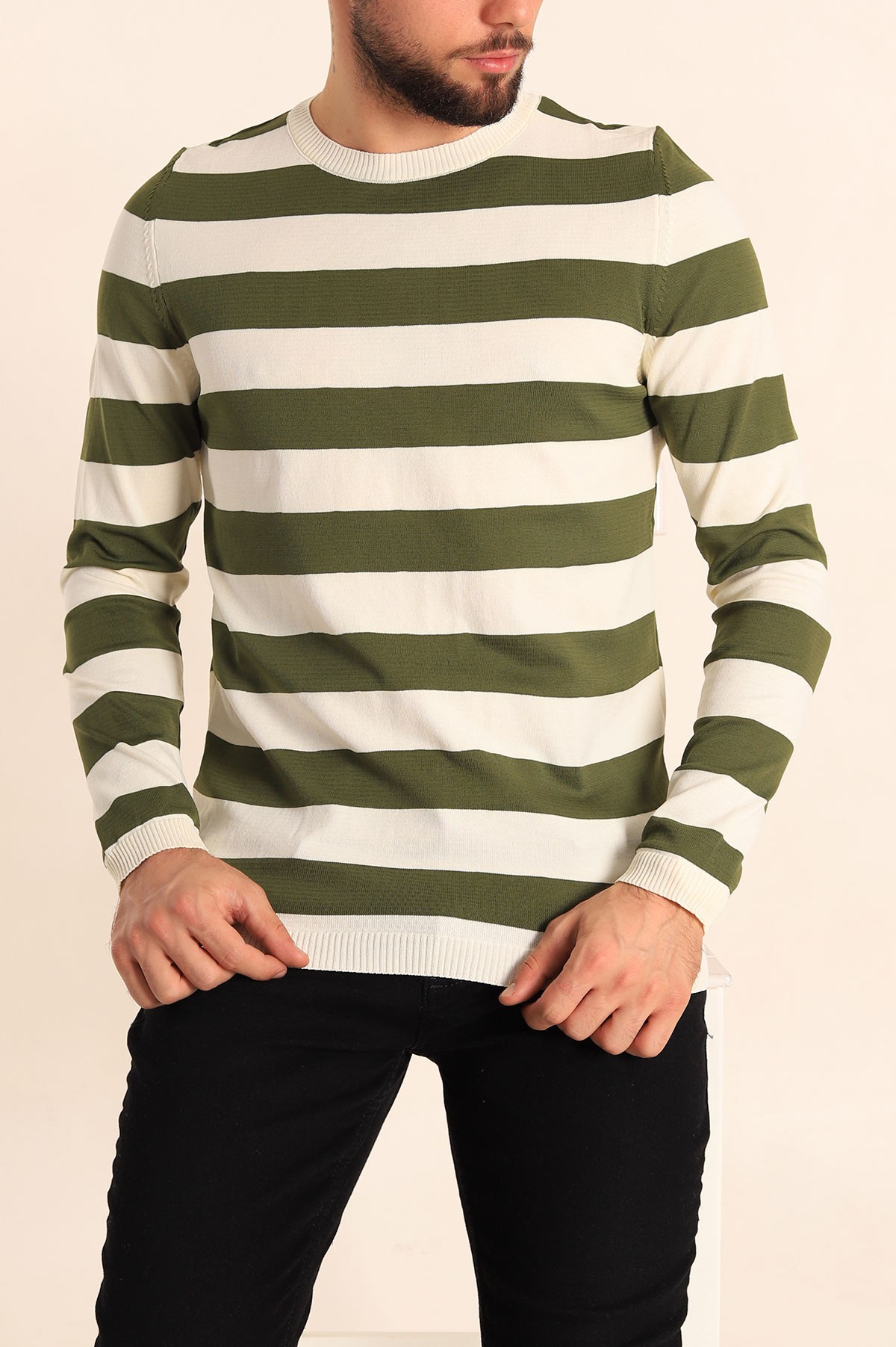 Ekru Haki Regular Fit Çizgili Triko Kazak 213879