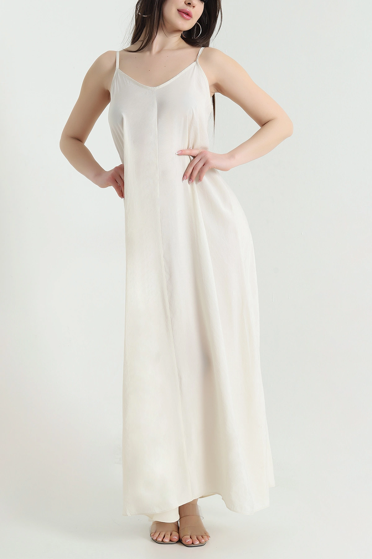 Ekru İp Askılı Tencel Kadın Elbise 451194