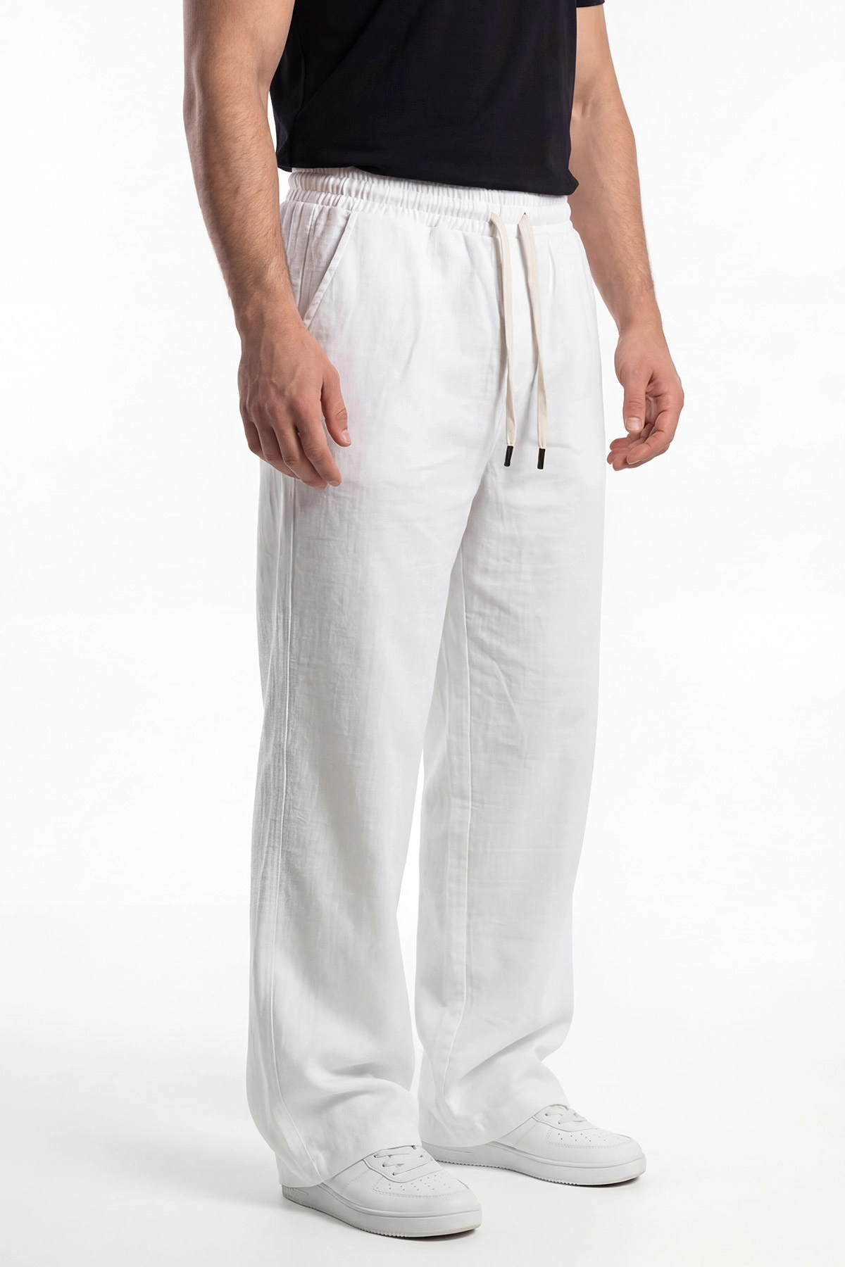 Ekru Keten Baggy Belden Bağlamalı Erkek Pantolon 442758