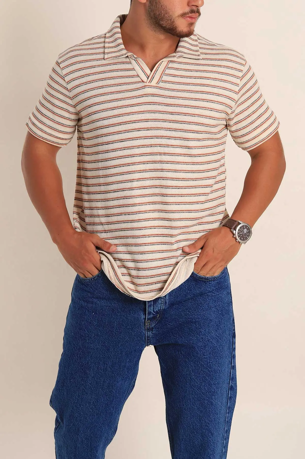 Ekru Kiremit Çizgili Regular Fit Polo Yaka Erkek Tişört 262718