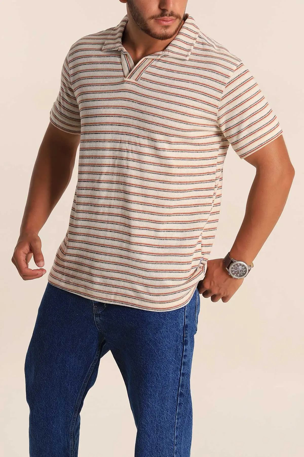 Ekru Kiremit Çizgili Regular Fit Polo Yaka Erkek Tişört 262718