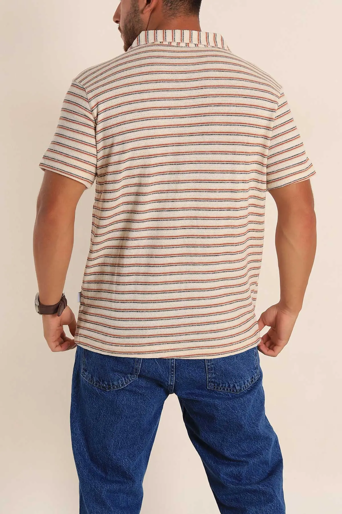 Ekru Kiremit Çizgili Regular Fit Polo Yaka Erkek Tişört 262718