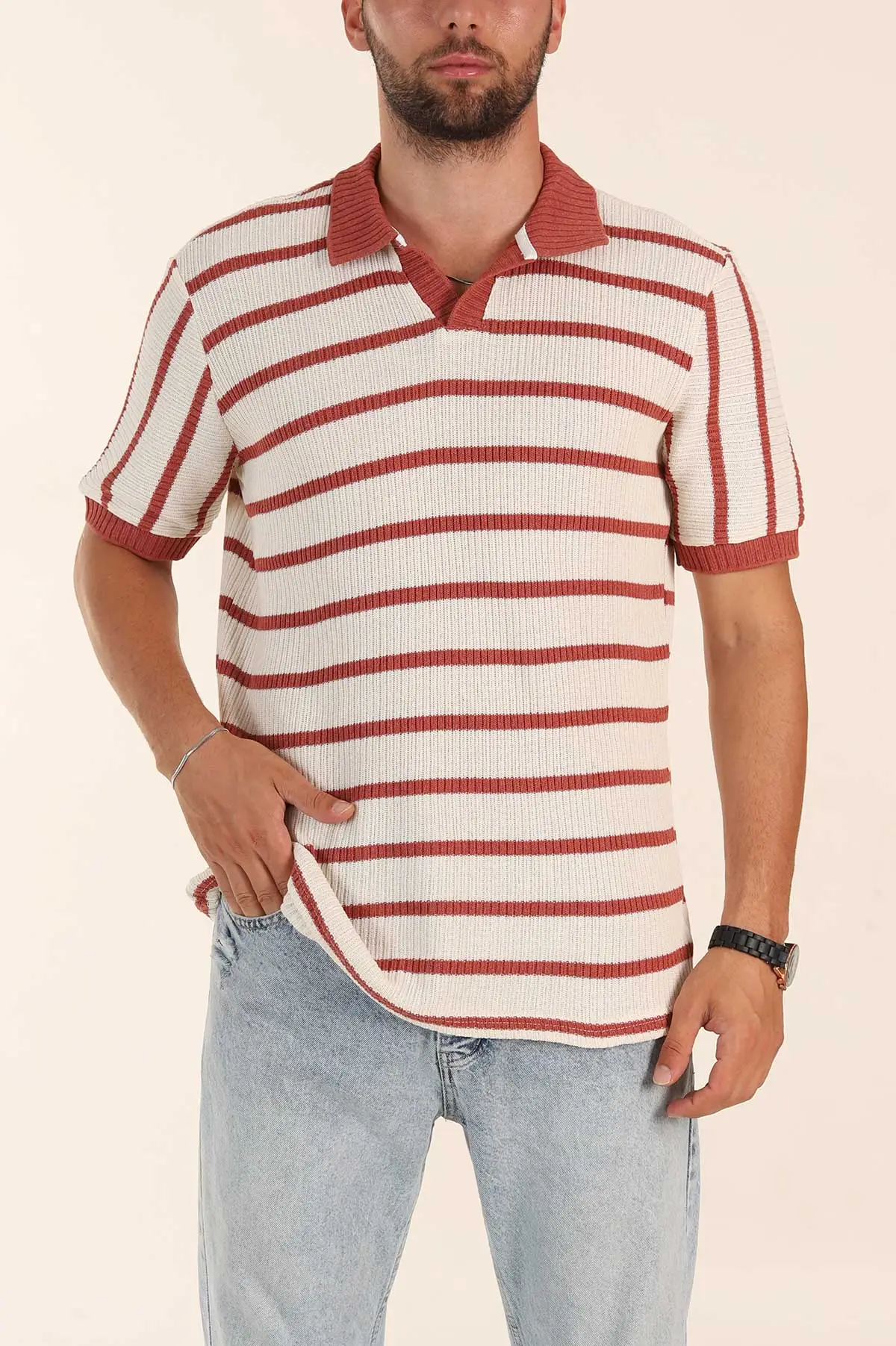 Ekru Kiremit Çizgili Regular Fit Polo Yaka Erkek Triko Tişört 262595
