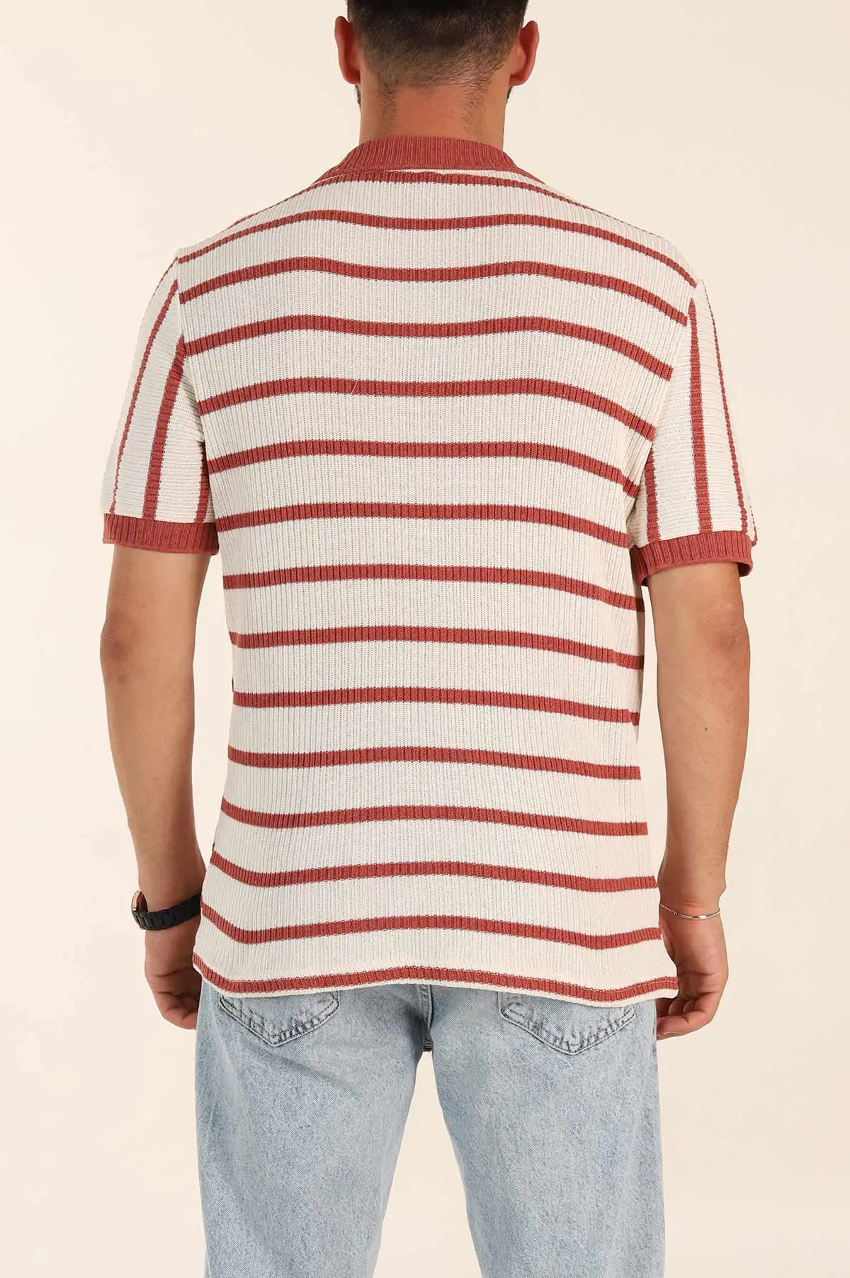 Ekru Kiremit Çizgili Regular Fit Polo Yaka Erkek Triko Tişört 262595