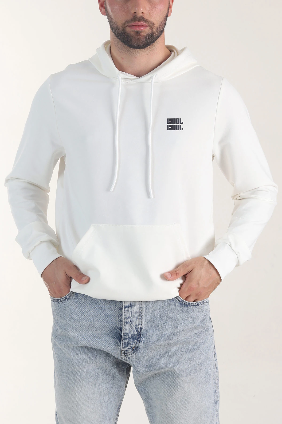 Ekru Kompak Kumaş Baskılı Cepli Erkek Sweatshirt 405618