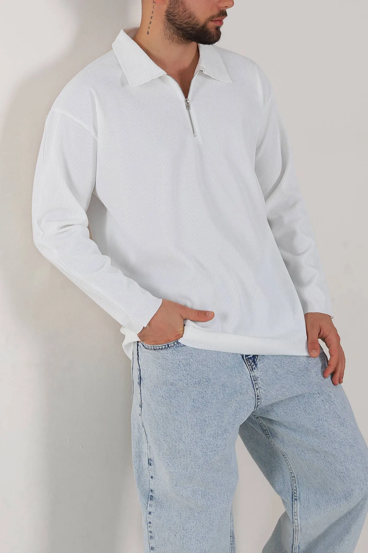 Ekru Oversize Fitilli Doku Fermuarlı Polo Yaka Sweatshirt 324401