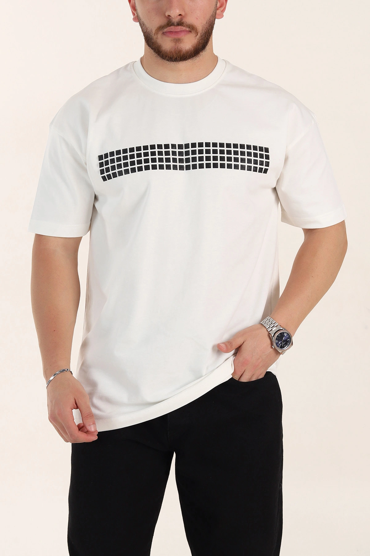 Ekru Oversize Kabartma Detaylı Erkek Tişört 358278
