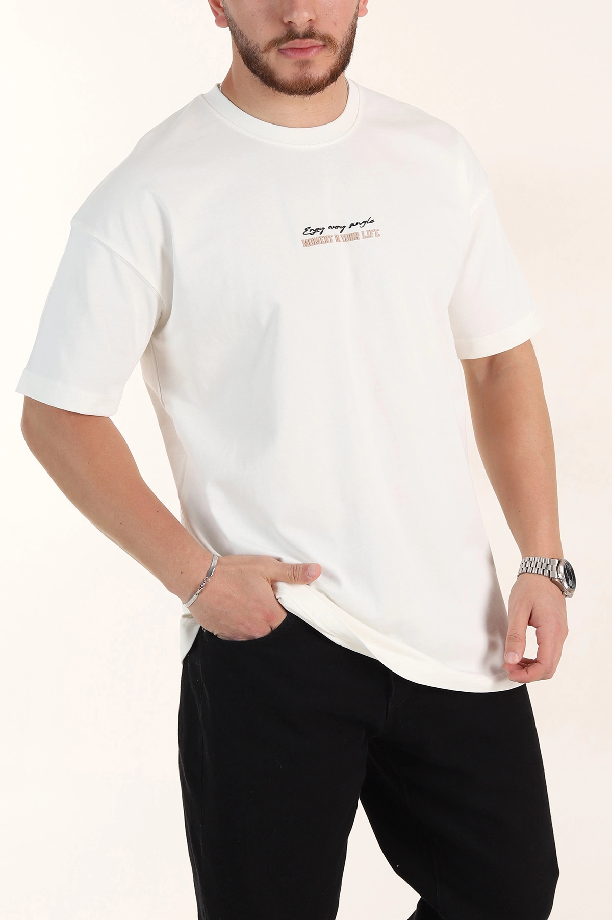 Ekru Oversize Kabartma Yazı Detaylı Erkek Tişört 358097