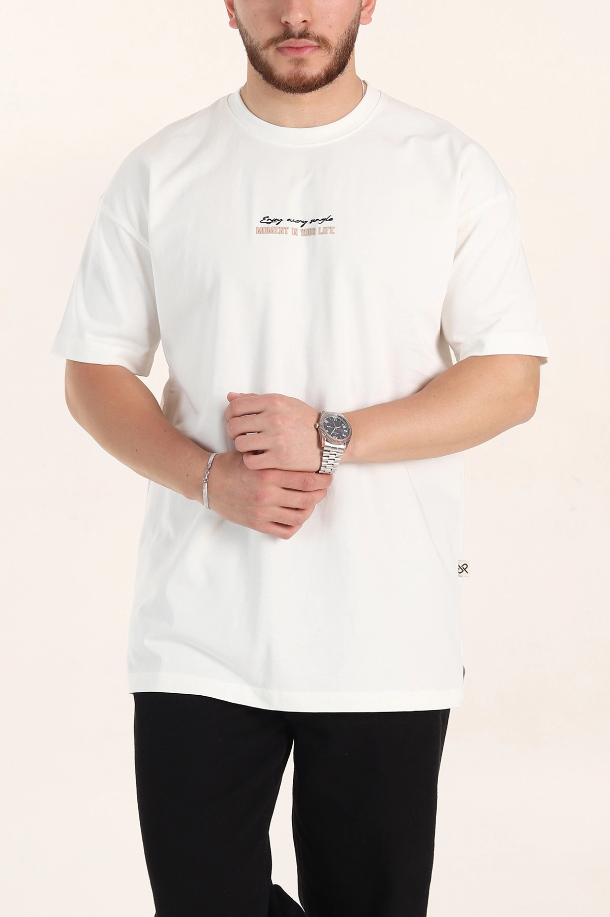 Ekru Oversize Kabartma Yazı Detaylı Erkek Tişört 358097