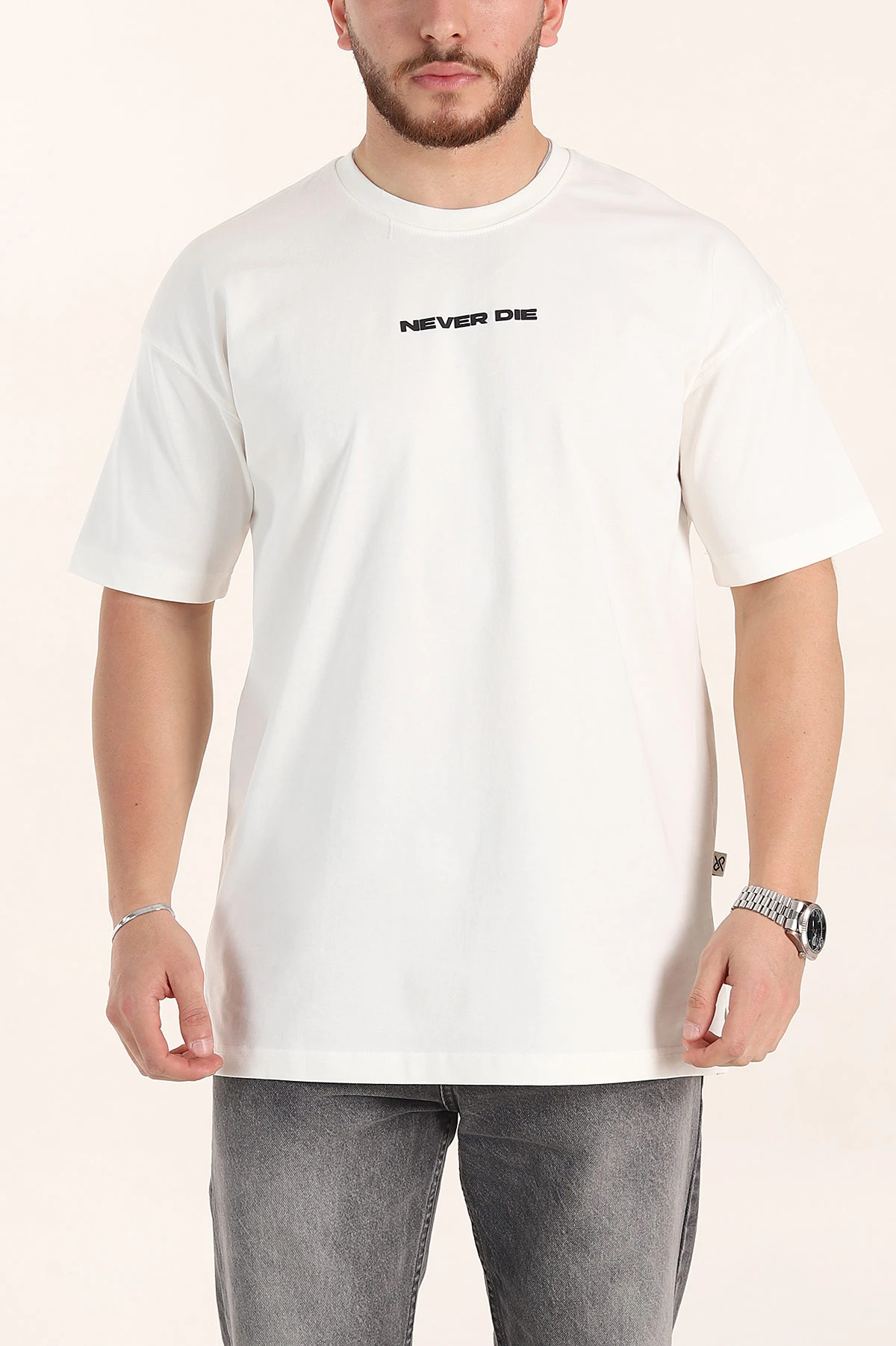 Ekru Oversize Kabartma Yazı Detaylı Erkek Tişört 358195