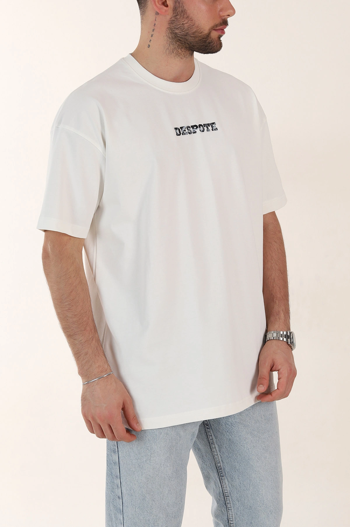 Ekru Oversize Kabartma Yazı Detaylı Erkek Tişört 358206