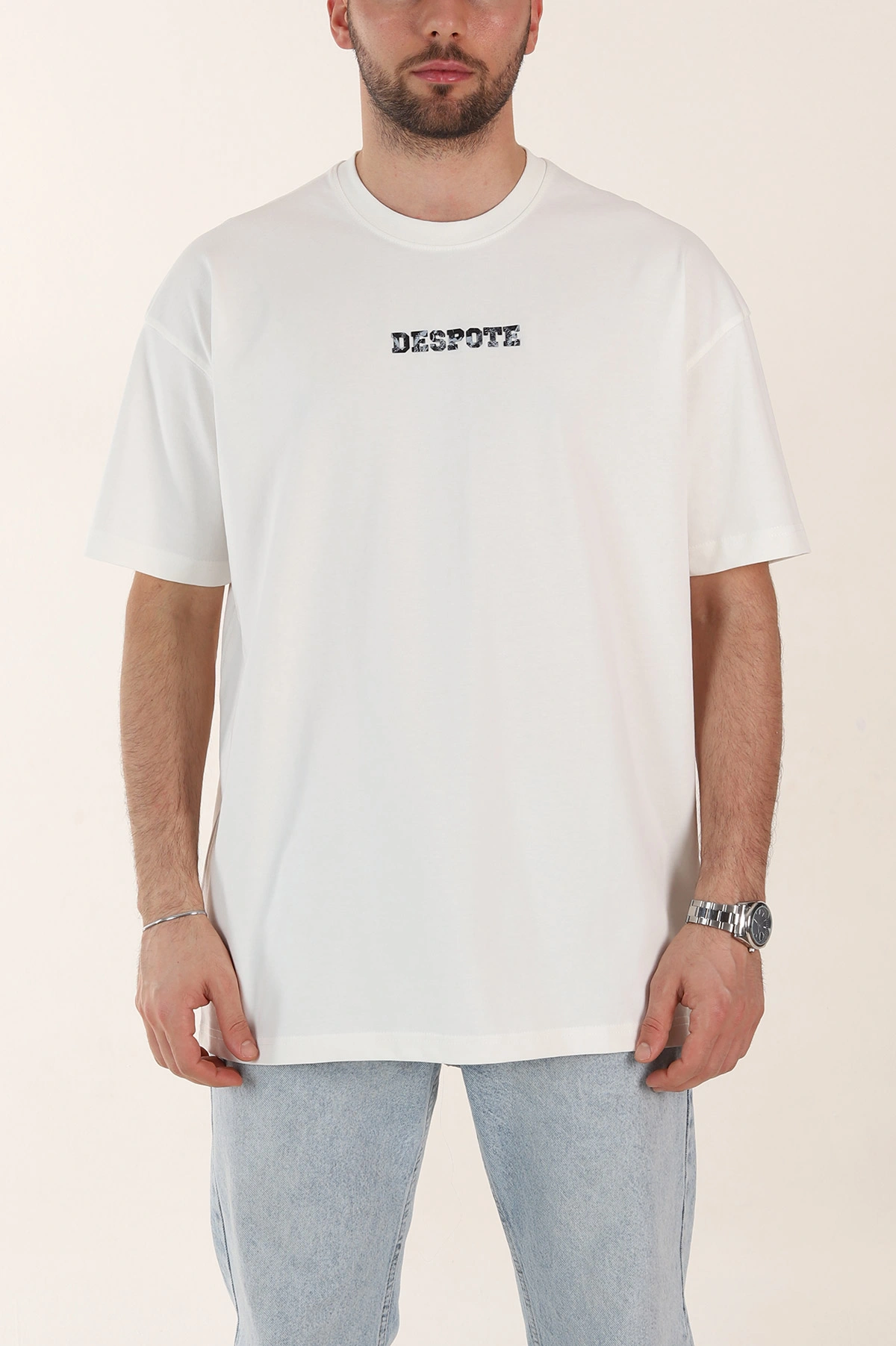 Ekru Oversize Kabartma Yazı Detaylı Erkek Tişört 358206