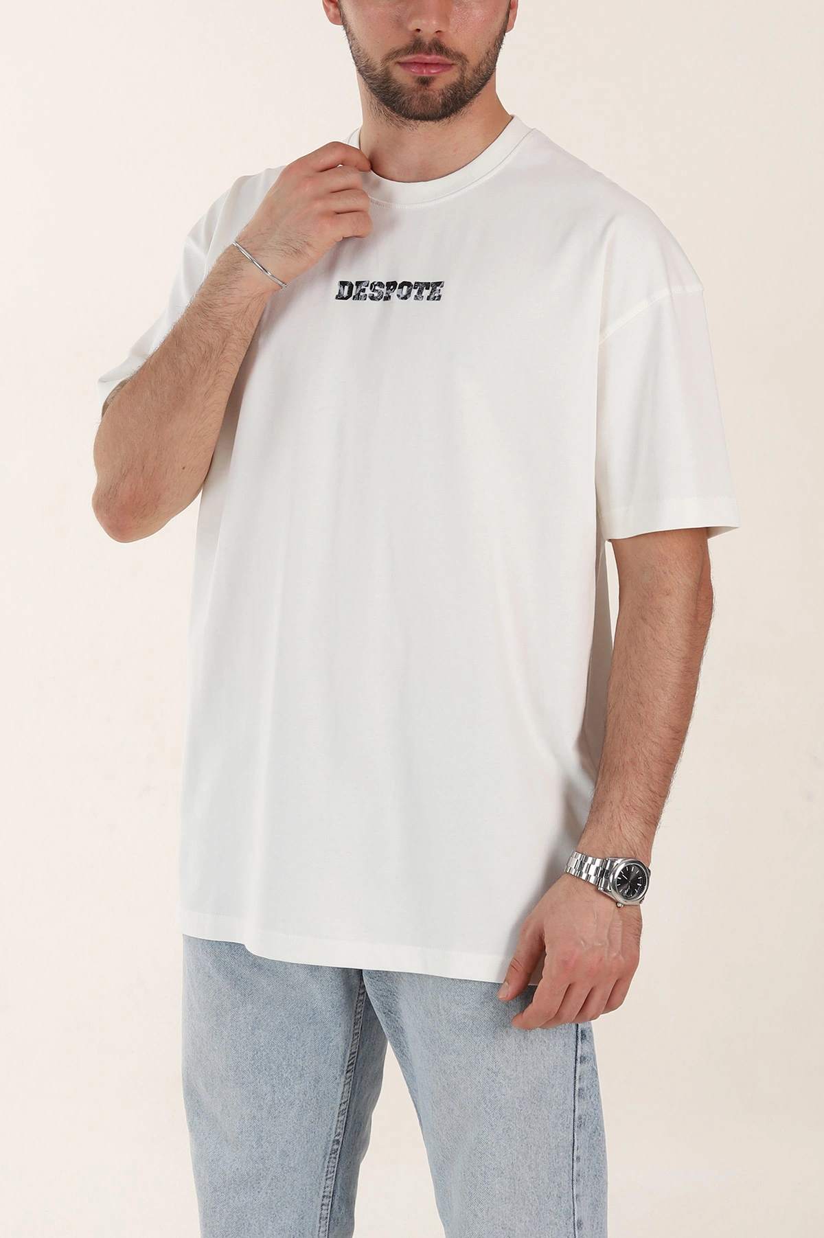 Ekru Oversize Kabartma Yazı Detaylı Erkek Tişört 358206