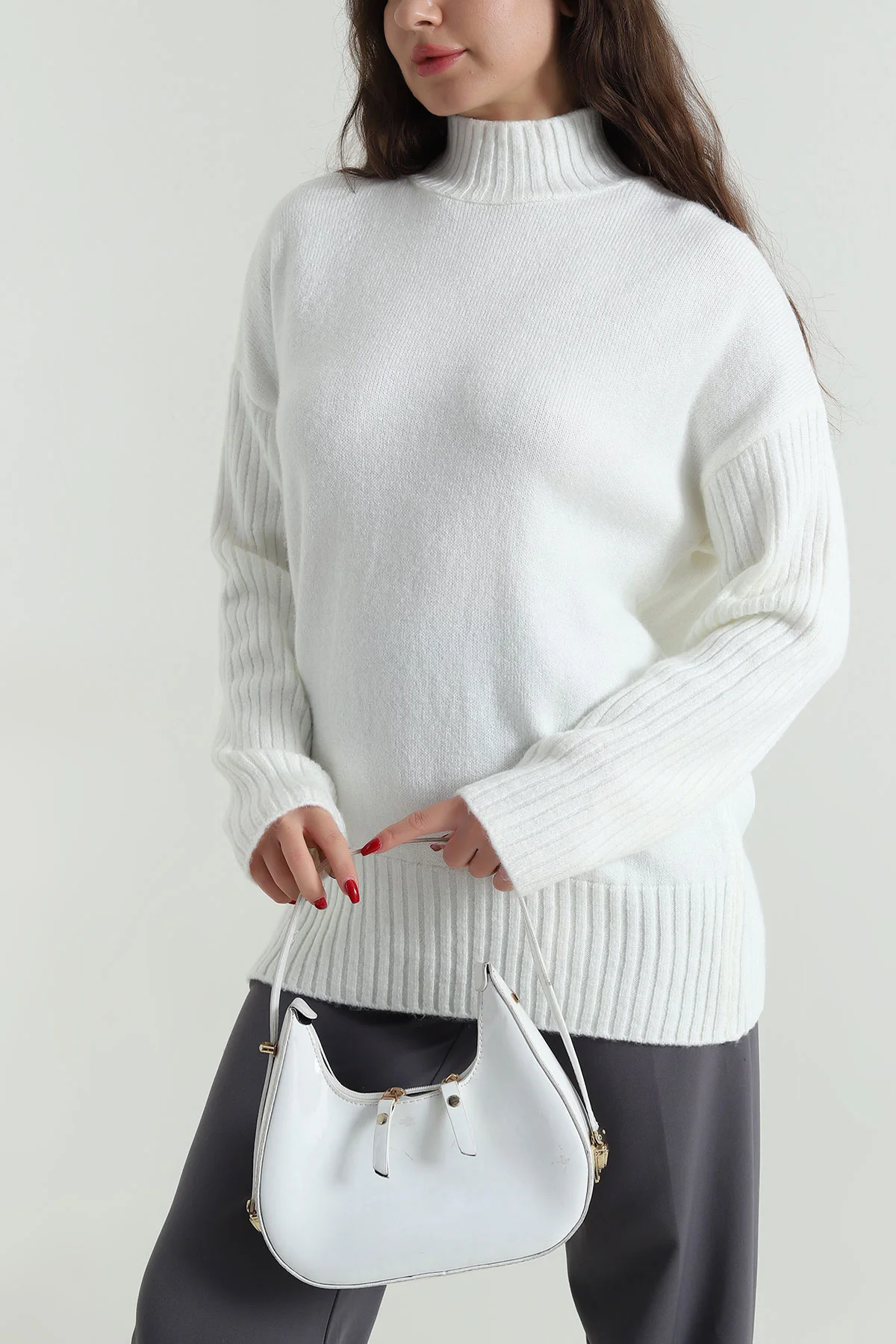 Ekru Oversize Kadın Triko Kazak 496030