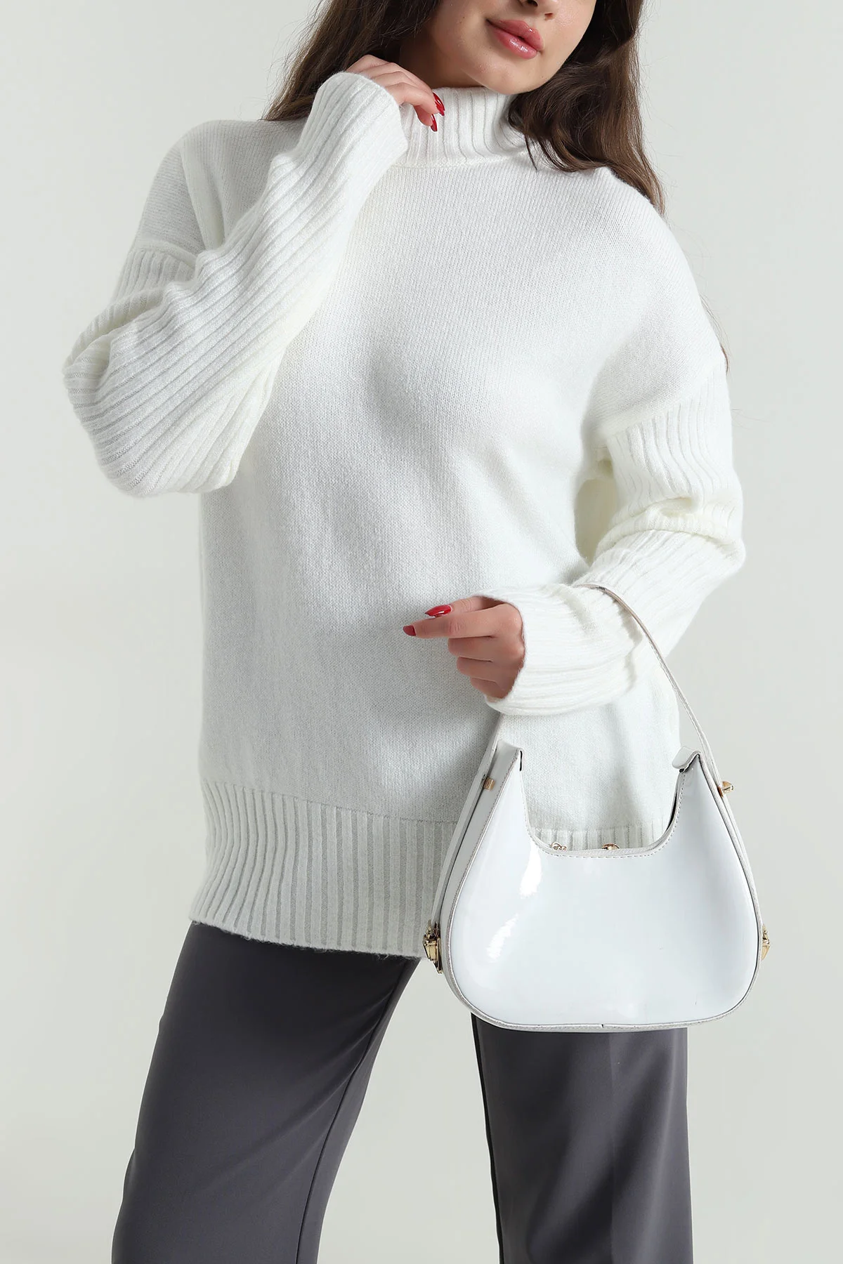 Ekru Oversize Kadın Triko Kazak 496030