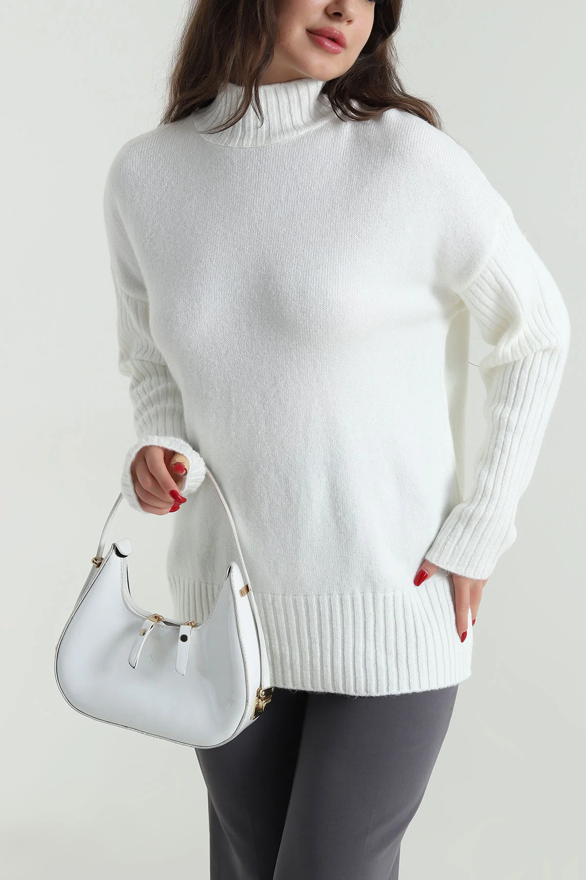Ekru Oversize Kadın Triko Kazak 496030