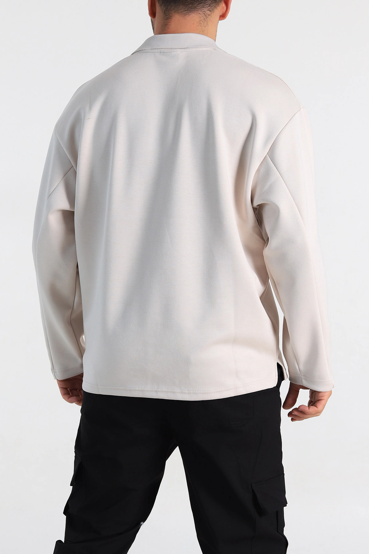Ekru Oversize Polo Yaka Erkek Sweatshirt 306971