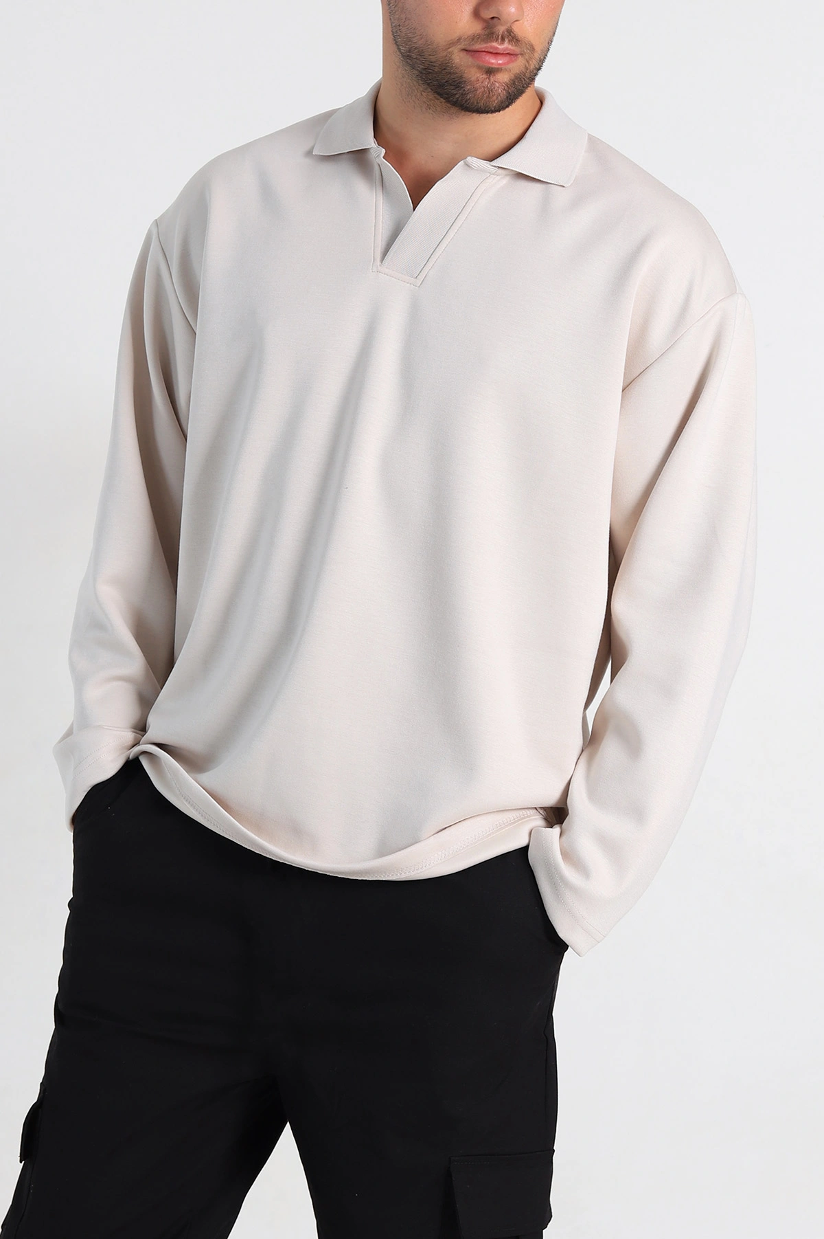 Ekru Oversize Polo Yaka Erkek Sweatshirt 306971