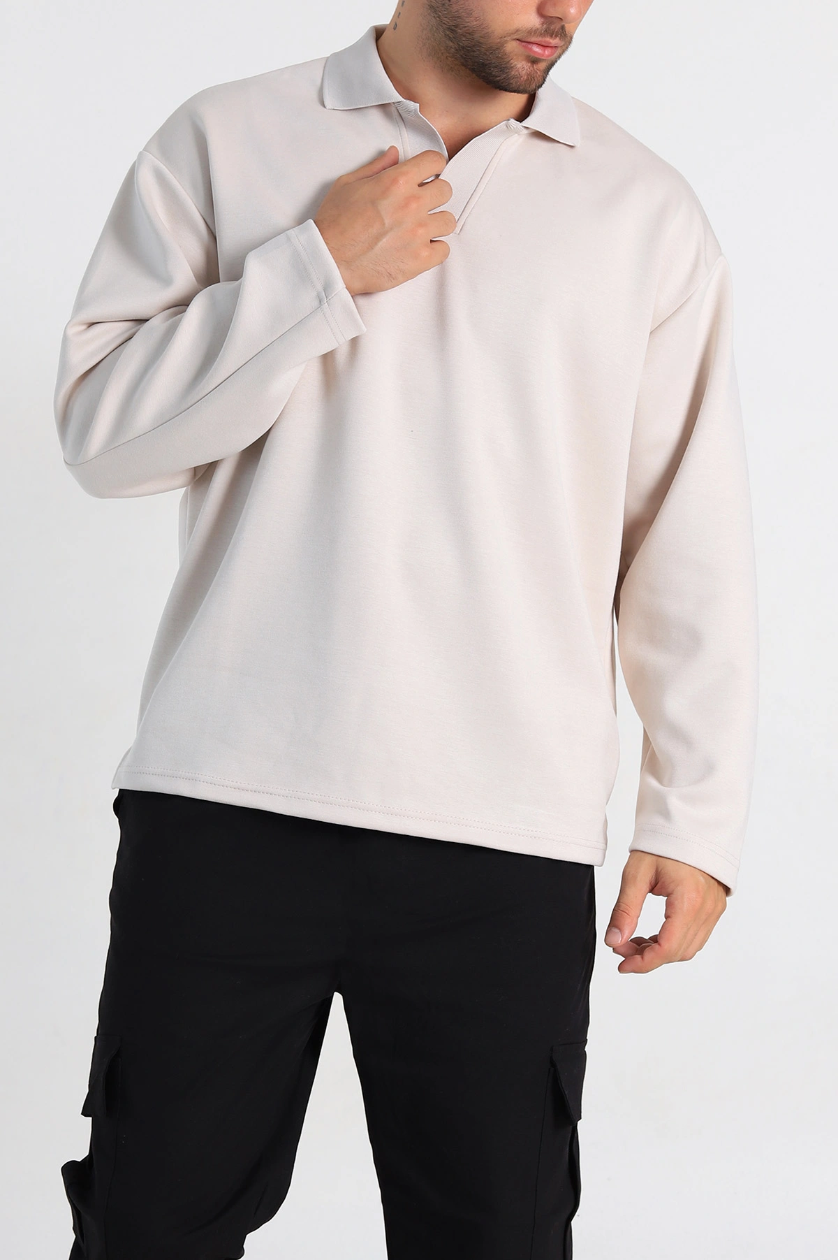 Ekru Oversize Polo Yaka Erkek Sweatshirt 306971