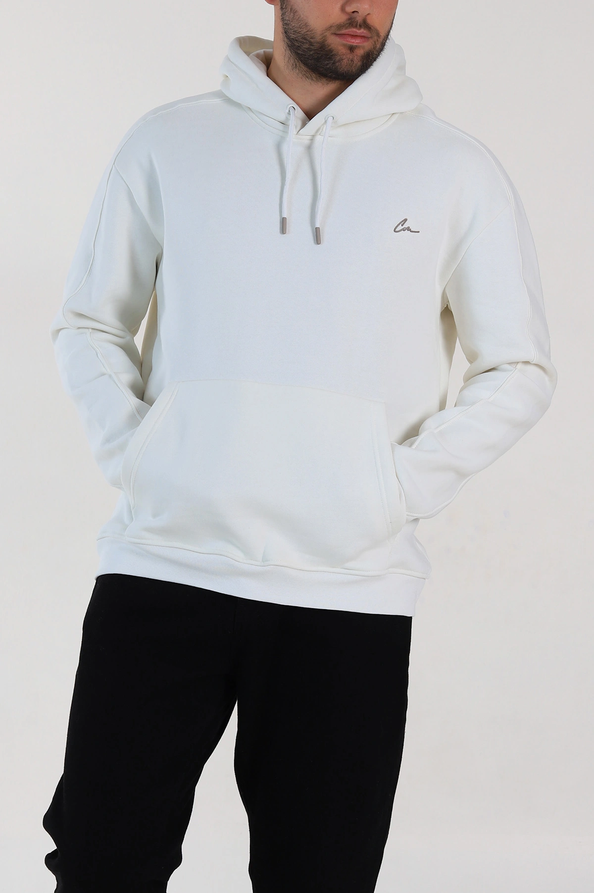 Ekru Oversize Üç İp Şardonlu Kapüşonlu Sweatshirt 314401