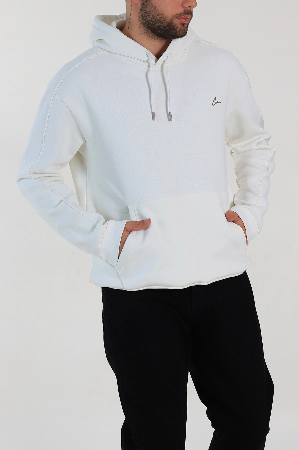 Ekru Oversize Üç İp Şardonlu Kapüşonlu Sweatshirt 314401